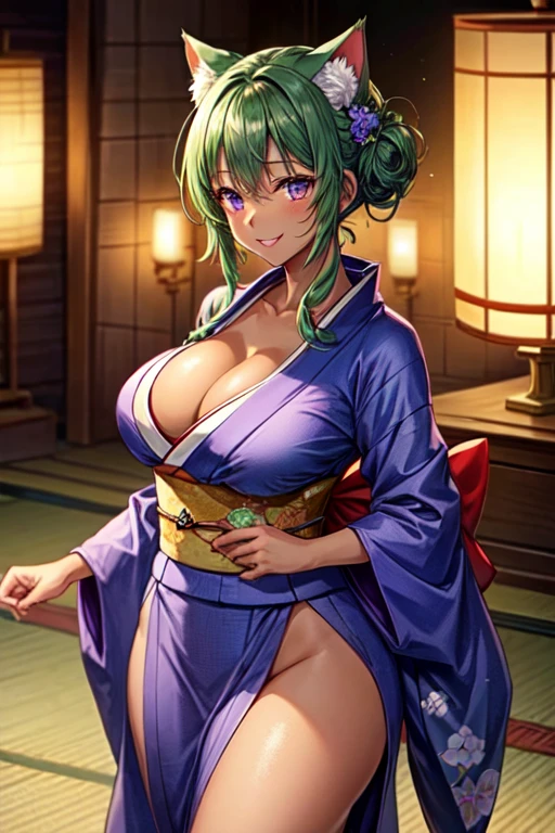 Make a beautiful young woman, tall, with short green hair, cat ears, purple eyes, a pretty, perfect face, with a beautiful smile, a beautiful look, a beautiful body, a perfect body, with dark skin, a dark complexion, a slender body, large bust, wide thighs, with a kimono, perfect kino, the kino is detailed with lus, the kimono highlights her figure, the kimono is tailored to her body, anime style, high quality, clear imag