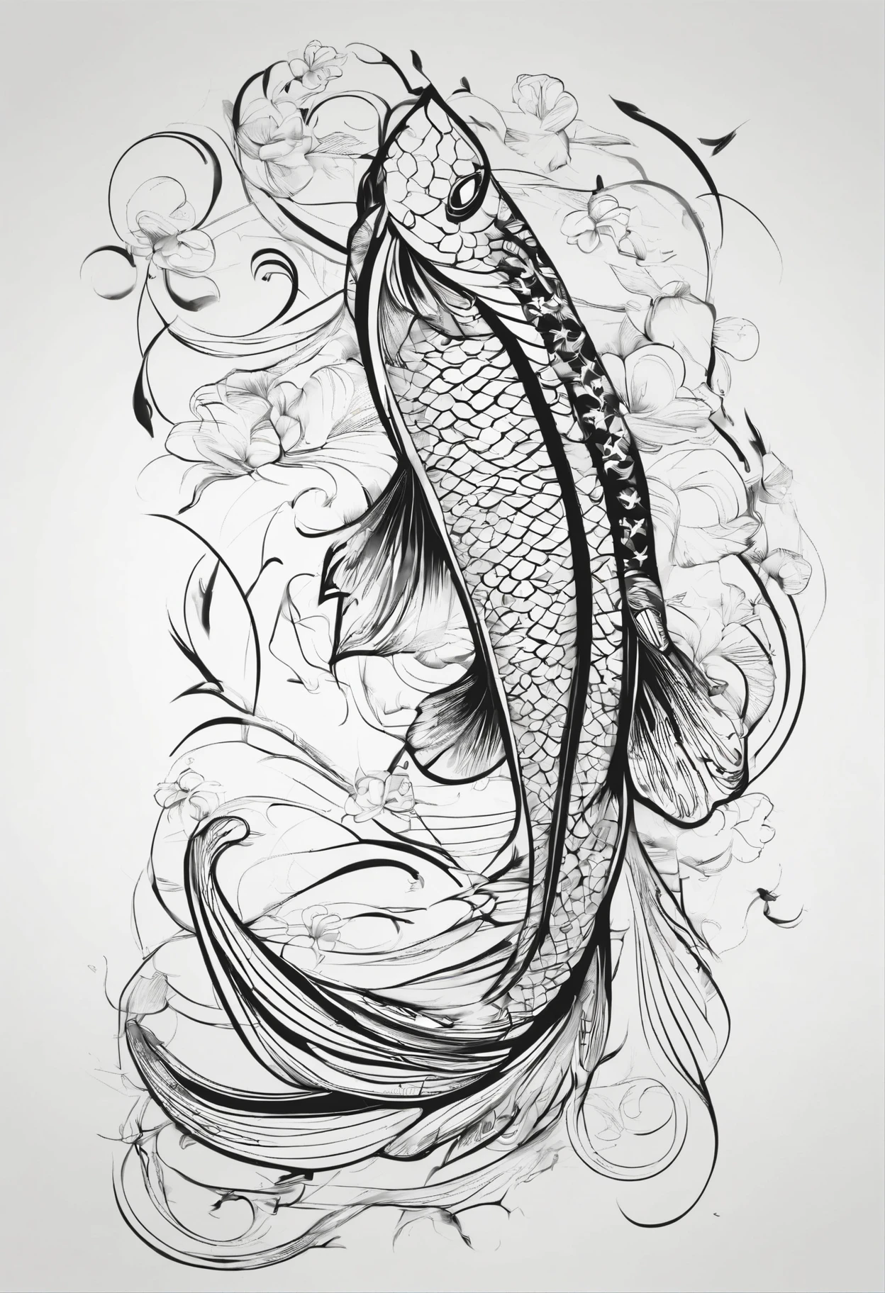 tattoo line art, high quality, b/w, koi fish