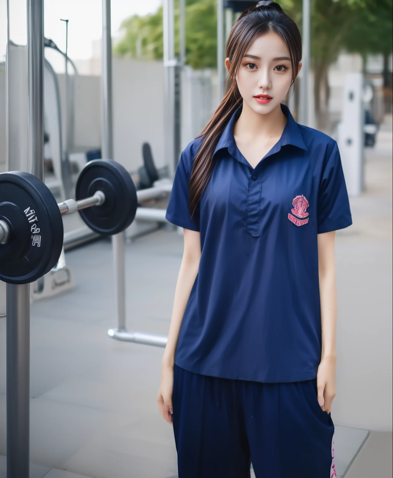 3 girls in fitness center, Navy blue short-sleeved shirt,Navy Long Trackpant,Sweatpants, Sweatpantsขายาว,25 year old girl, lesbian, sexy, exercise clothes, wet body, exercise clothes