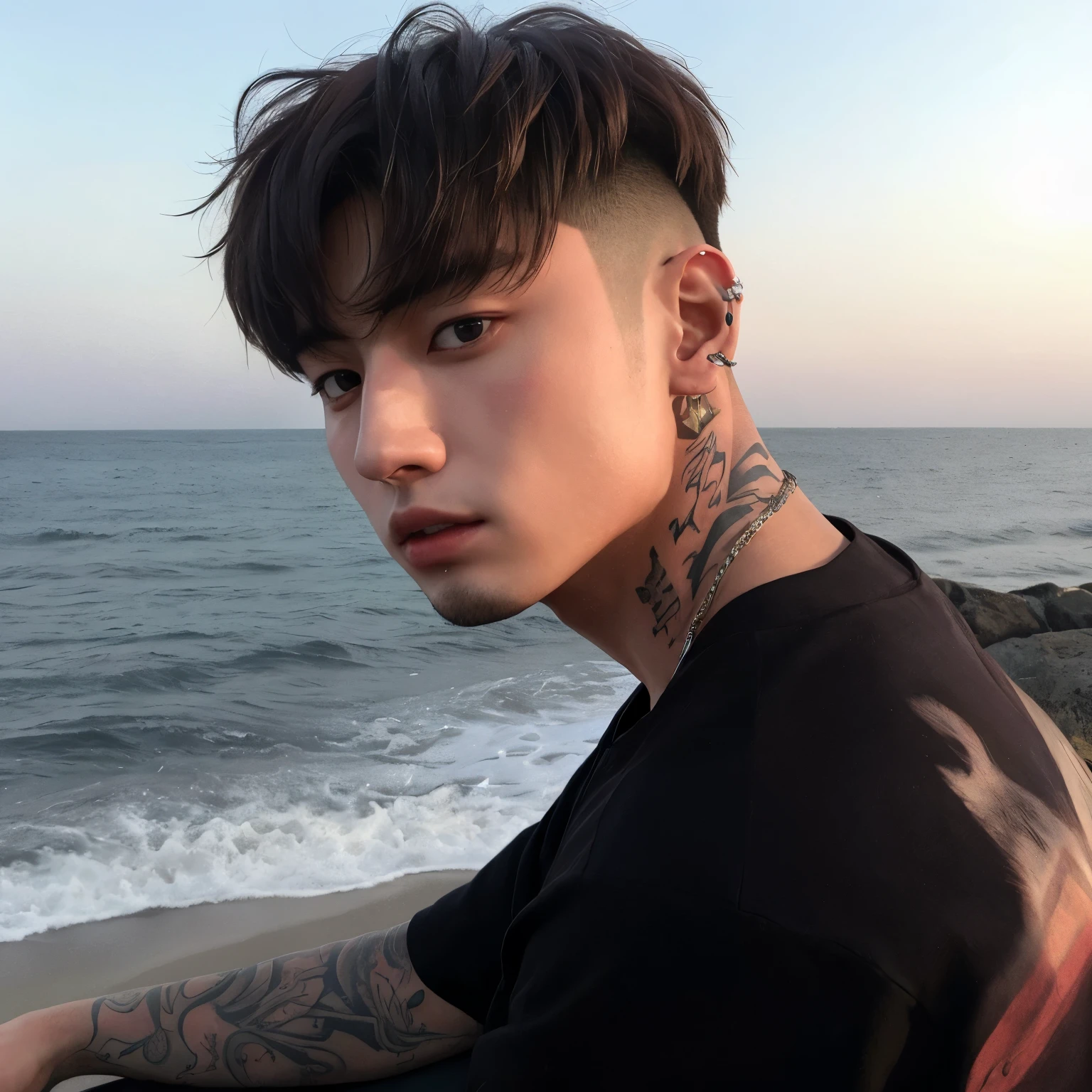 sharp male with tattoo on neck and back of head, Jungkook, cai xukun, hyung tae, inspirado em jeonseok lee, Hong junho hyung, pintar ulzzang, taejune kim, Yanjun Chengt, inspirado em Yanjun Cheng, Jinyoung Shin, hyung tae kim, imagem de perfil, homem sul-coreano, headshot imagem de perfilture, Kim Doyoung