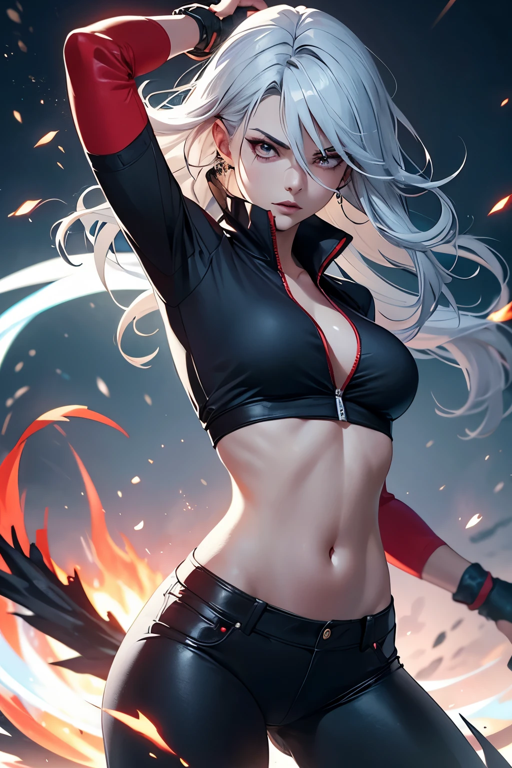 1 girl, Chapped lips, blush, make up, light smile, black fur, Red eyes, crop top, Skirt, Light rays, glow, Thighs, clavicle, narrow waist, (Masterpiece), wallpaper,
