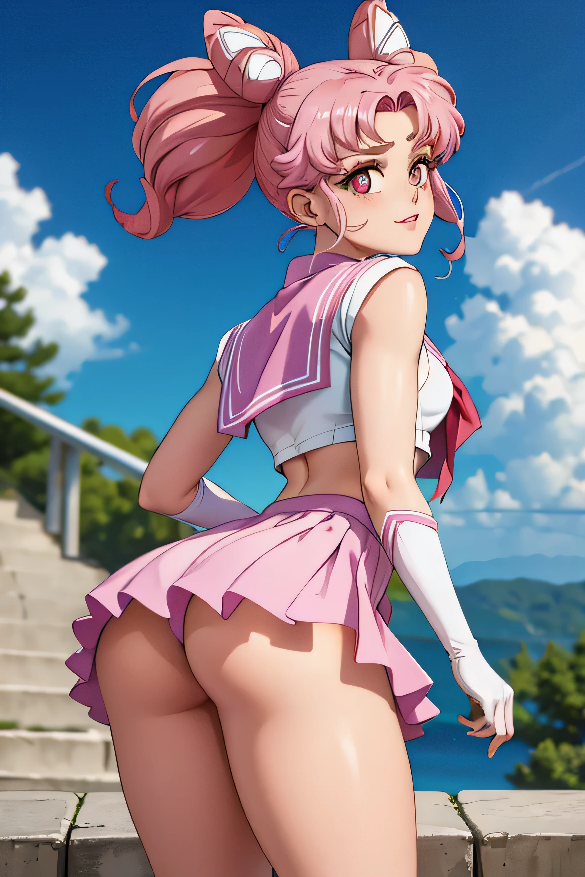 obra maestra, Mejor calidad, absurdos, perfect anatomy, 1 girl, Solo, SMMoon, adolescente, 1990s \(Estilo\), Sailor Chibi Luna Cabello Rosa, pupilas rosadas ojos, subir las escaleras, de cerca, Sonrisa, tiro de vaquero, Uniforme Sailor Senshi Rosa, Collar marinero rosa, falda plisada rosa, guantes de codo, en postura de espalda, Show off your loot, backward, No hay tanga en un gran trasero, cuerpo completo, aausagi, de cerca booty (falda levantada por el viento, Exponiendo su) (cara de alto detalle)