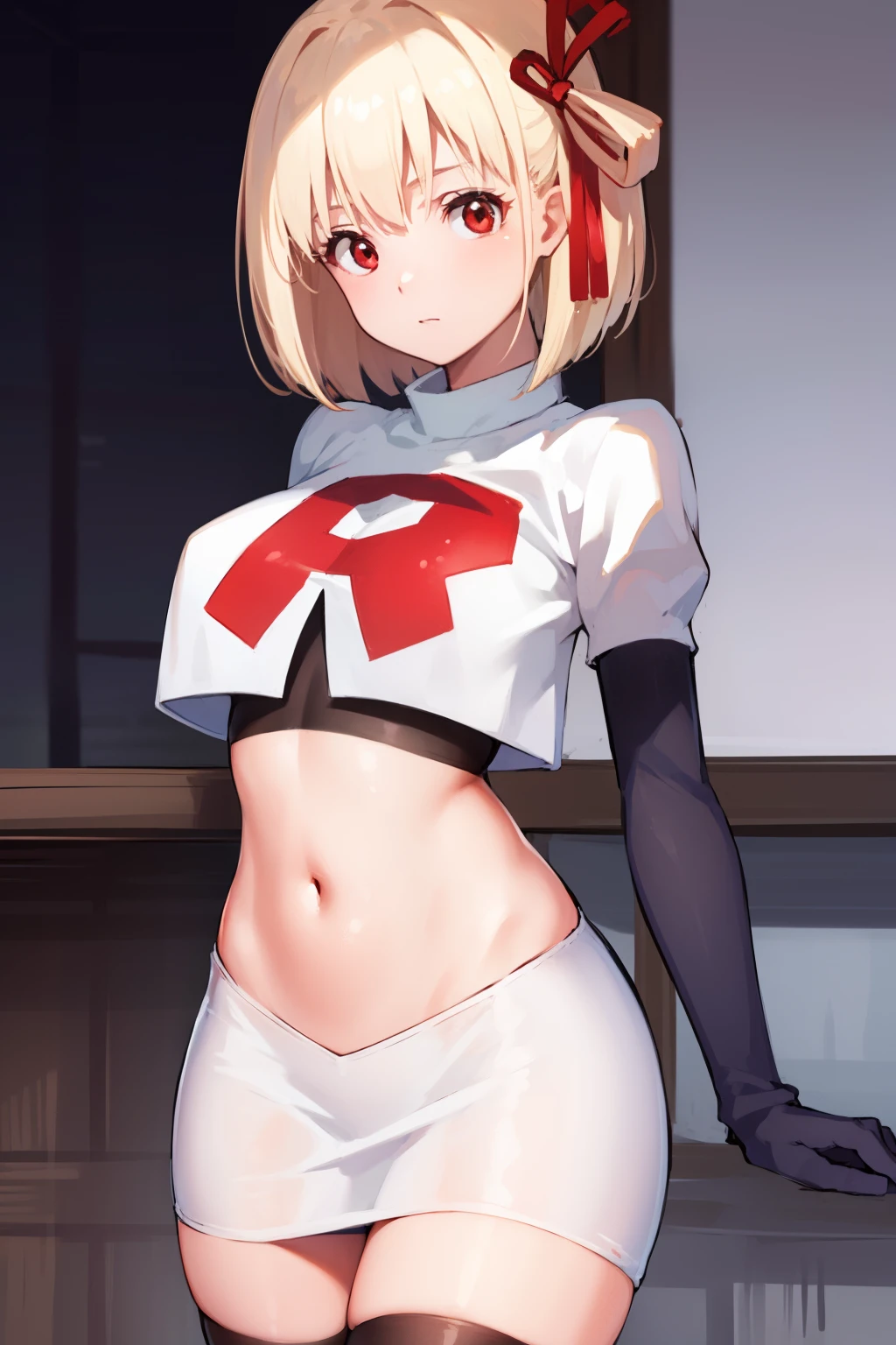 chisatonishikigi, nishikigi chisato, short hair, bangs, blonde hair, (red eyes:1.5), hair ribbon, one side up, bob cut,
BREAK team rocket,team rocket uniform, red letter R, white skirt,white crop top,black thigh-highs ,black elbow gloves
BREAK looking at viewer, (cowboy shot:1.5),
BREAK (masterpiece:1.2), best quality, high resolution, unity 8k wallpaper, (illustration:0.8), (beautiful detailed eyes:1.6), extremely detailed face, perfect lighting, extremely detailed CG, (perfect hands, perfect anatomy),