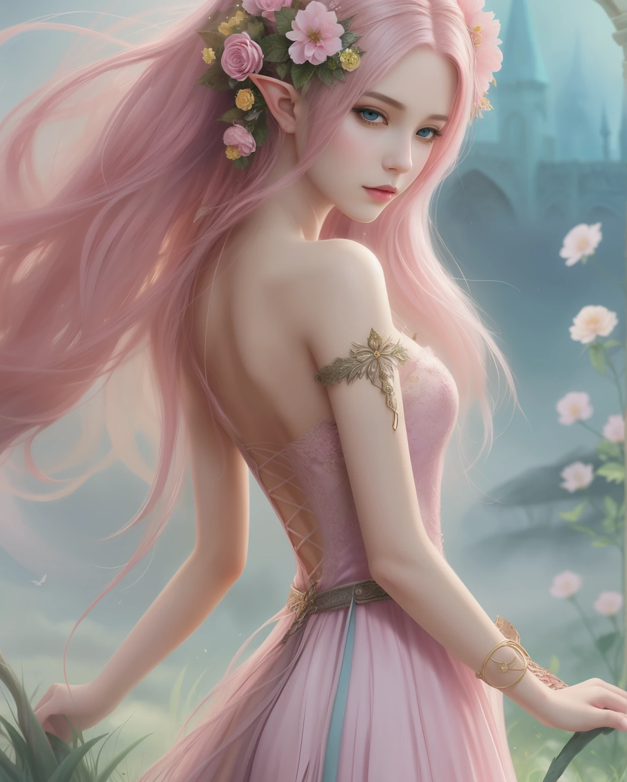 Woman with long pink hair and flowers in hair, beautiful fantasy art, mysterious beauty, beautiful fantasy art portrait, very beautiful fantasy art, beautiful fantasy maiden, fantastic fantasy, fantastic fairy tale, beautiful fantastic portrait, fantasy beautiful, very beautiful digital art, breathtaking fantasy art, amazing fantasy art, beautiful digital art, Beautiful and gorgeous digital art, beautiful elven princess