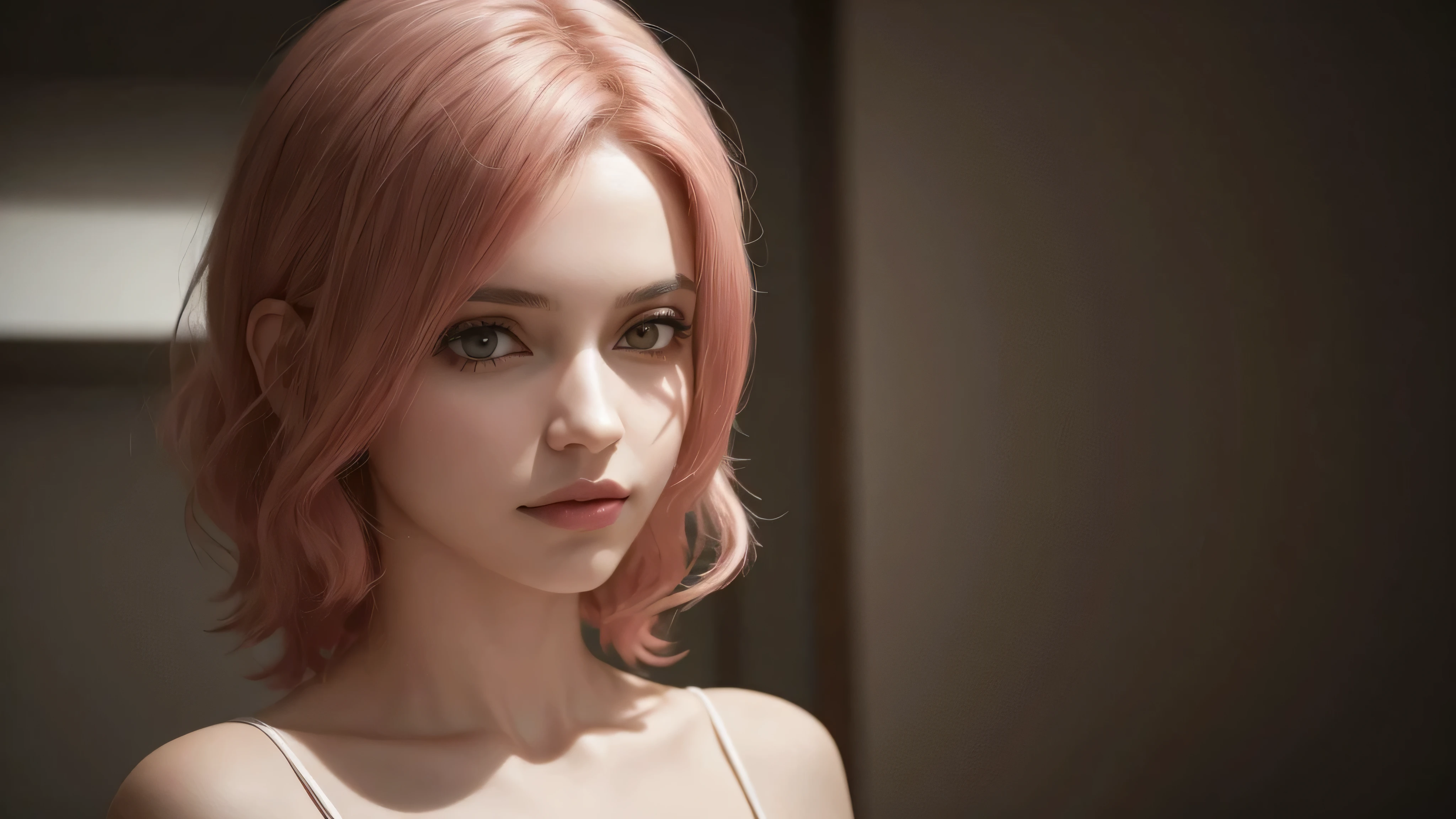 1 garota, perfect lighting, cabelo rosa, olhos pretos, motor irreal, side lighting, rosto detalhado, franja, Pele Brilhante, fundo simples, fundo escuro, casaco, quarto gamer de fundo