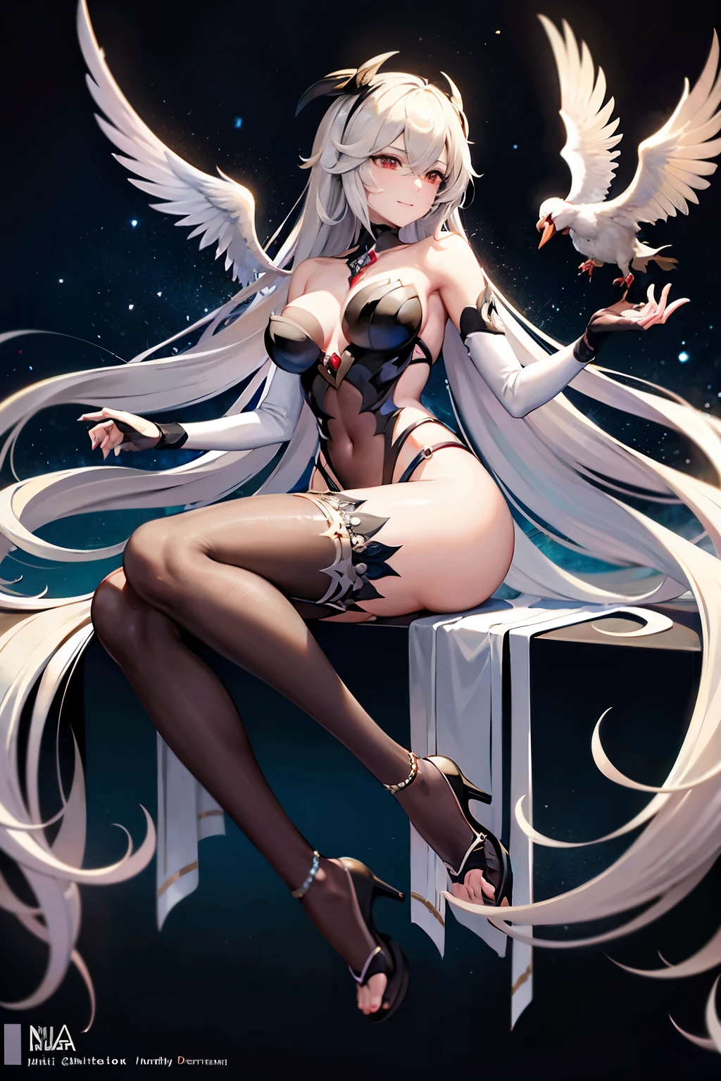 (Masterpiece), Ultra-Realistic ((Honkai Star Rail - Black Swan)),
((Solo character)), Misaka Mikoto-esque figure, Long hair flowing in the wind, Black feathers accents, Sharp and defined features, piercing black eyes, exquisitely detailed wings, refined textures, high resolution, best lighting, captivating expressions, enchanting aura,
Nighttime, Star-lit background, Striking pose, Enigmatic smile, Elegant attire, Feathered heels, Gracefully spread wings, Realistic details, intricate patterns, emphasis on wing feathers, realistic shading, delicate feather textures.