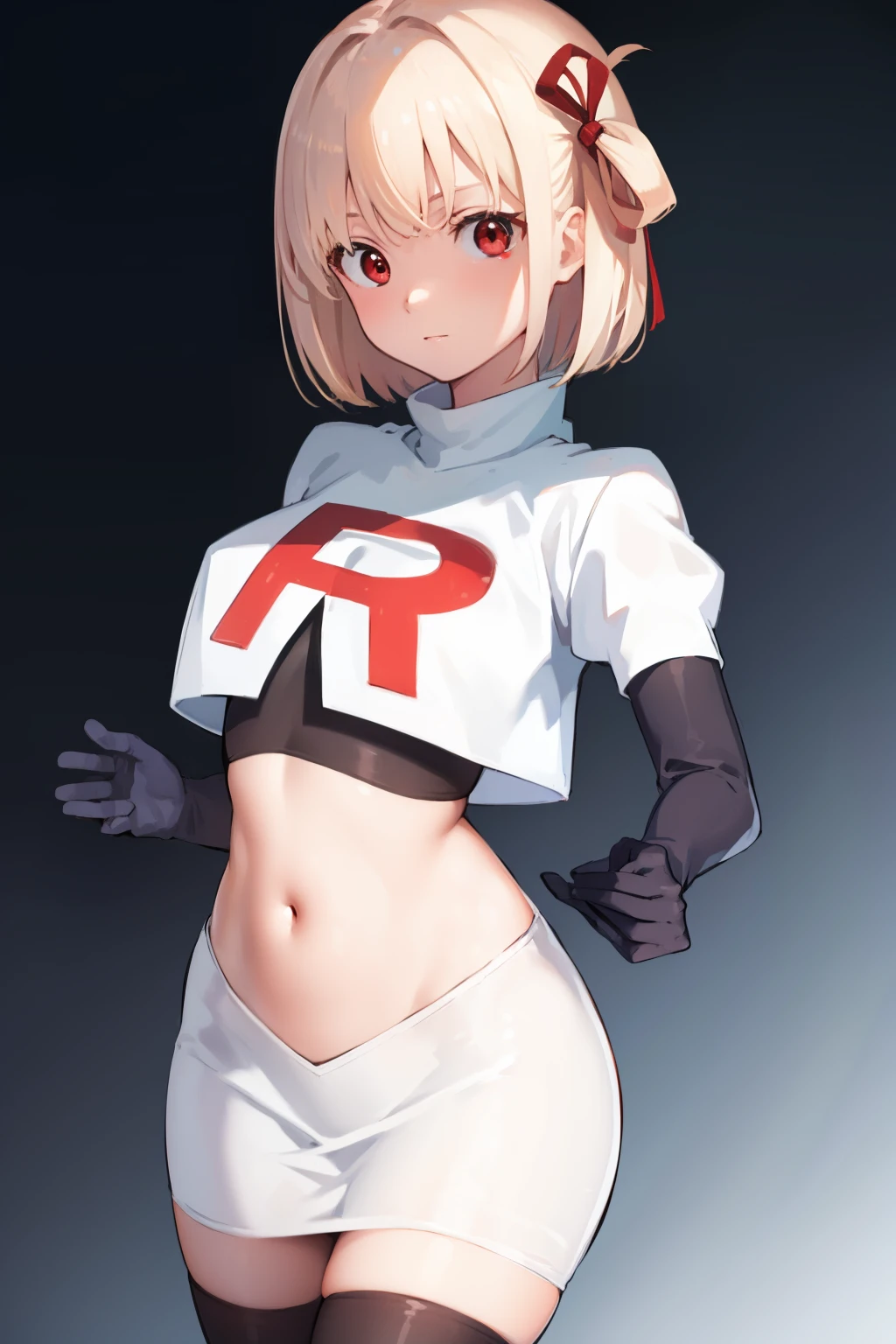 chisatonishikigi, nishikigi chisato, short hair, bangs, blonde hair, (red eyes:1.5), hair ribbon, one side up, bob cut,
BREAK team rocket,team rocket uniform, red letter R, white skirt,white crop top,black thigh-highs ,black elbow gloves
BREAK looking at viewer, (cowboy shot:1.5),
BREAK (masterpiece:1.2), best quality, high resolution, unity 8k wallpaper, (illustration:0.8), (beautiful detailed eyes:1.6), extremely detailed face, perfect lighting, extremely detailed CG, (perfect hands, perfect anatomy),