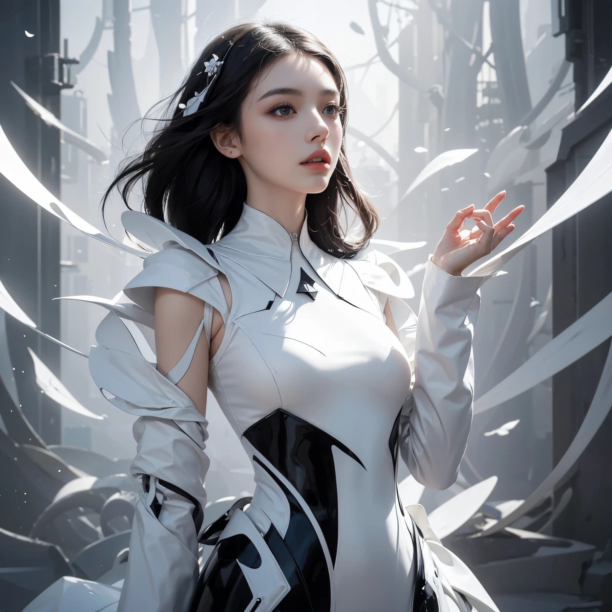 fashion brand collection, highly detailed, beautiful, masterpiece, best quality, Geometric style abstract beauty,1 girl,, approaching perfection, digital painting, artstation, concept art, illustration, white and black colors, Regular patterns, abstract forms, surreal, latex, Liquid, Cyber, Scattered geometry, white petals, complicated background