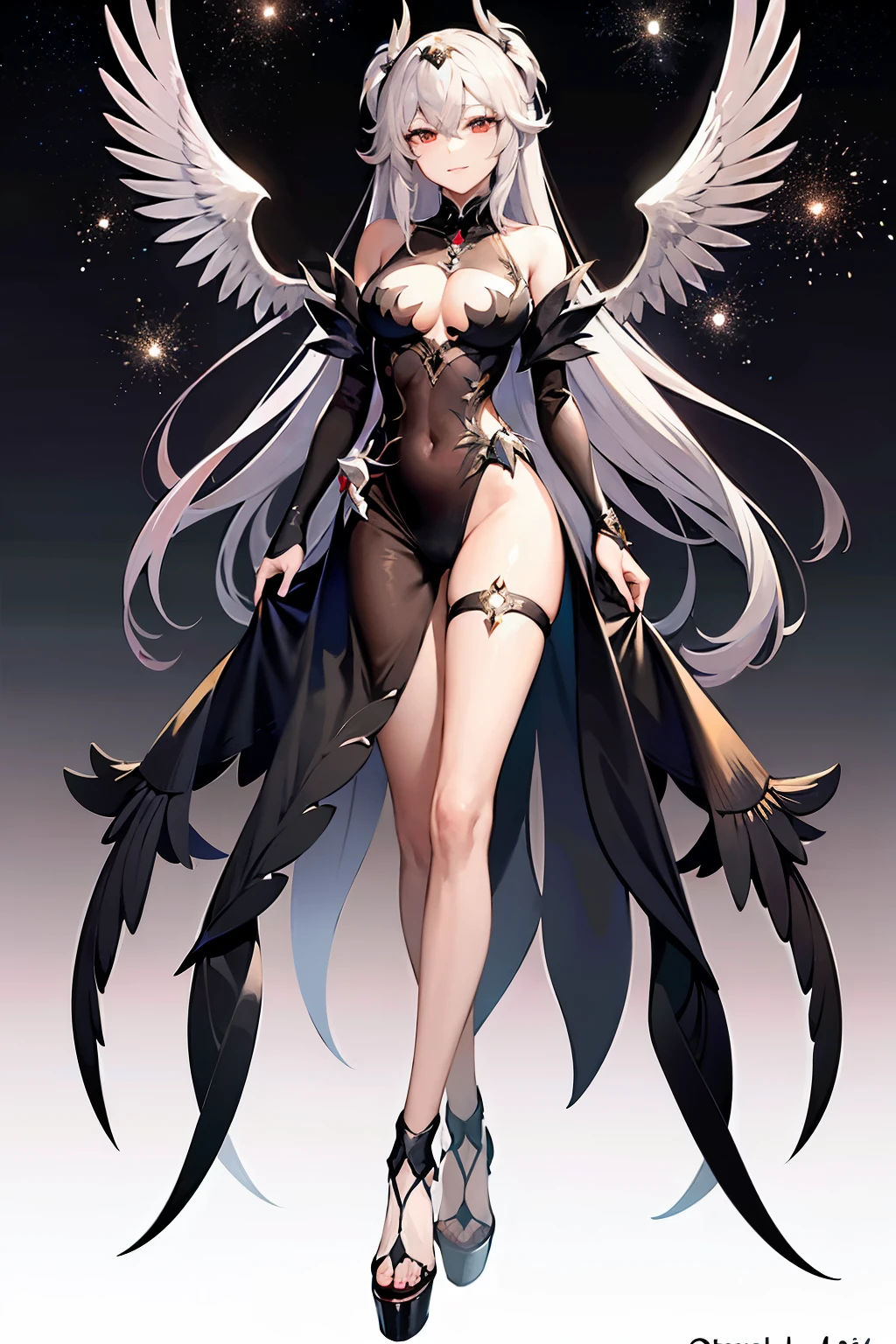 (Masterpiece), Ultra-Realistic ((Honkai Star Rail - Black Swan)),
((Solo character)), Misaka Mikoto-esque figure, Long hair flowing in the wind, Black feathers accents, Sharp and defined features, piercing black eyes, exquisitely detailed wings, refined textures, high resolution, best lighting, captivating expressions, enchanting aura,
Nighttime, Star-lit background, Striking pose, Enigmatic smile, Elegant attire, Feathered heels, Gracefully spread wings, Realistic details, intricate patterns, emphasis on wing feathers, realistic shading, delicate feather textures.