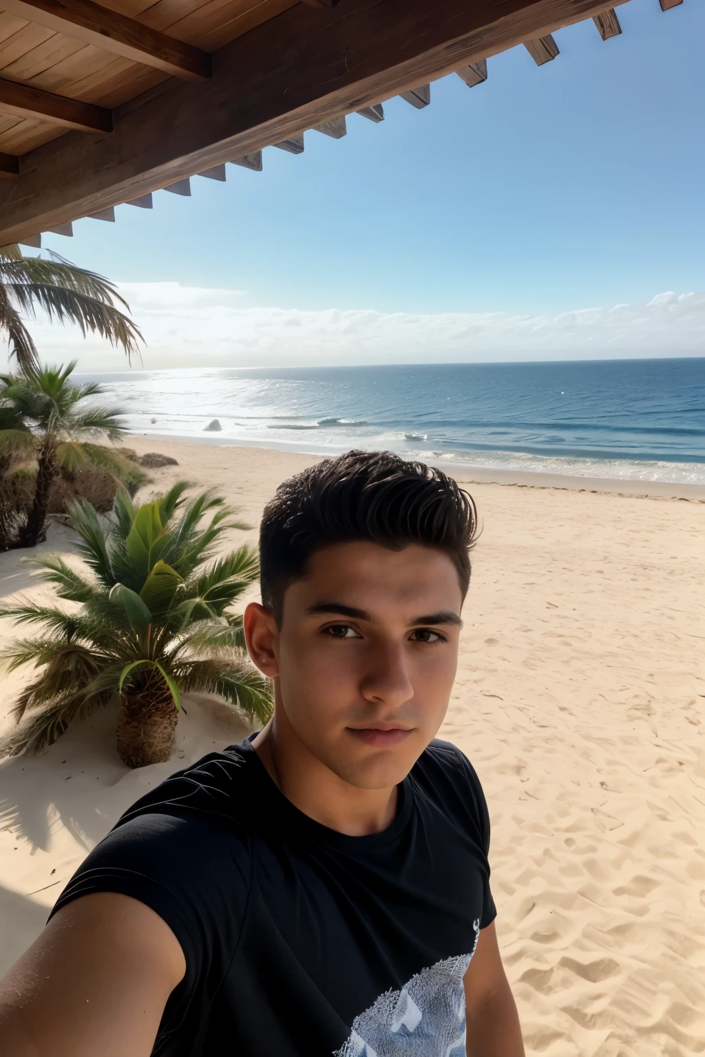 Foto RAW en secuencia, una foto de un chico adolescente masculino, ((selfie de la parte superior del cuerpo, serio)), ojos marrones, mirando hacia adelante, peinado juvenil de moda corto y pardo, vestido con camisa negra abierta en el cuello, saco blanco perlado, en fondo playa, vista del mar a lejos, nearest sand, casas de madera, palmeras, y amacas, cinematic lighting, imagen hiperrealista, alto detalle, renderizado de Octane, cinema photography