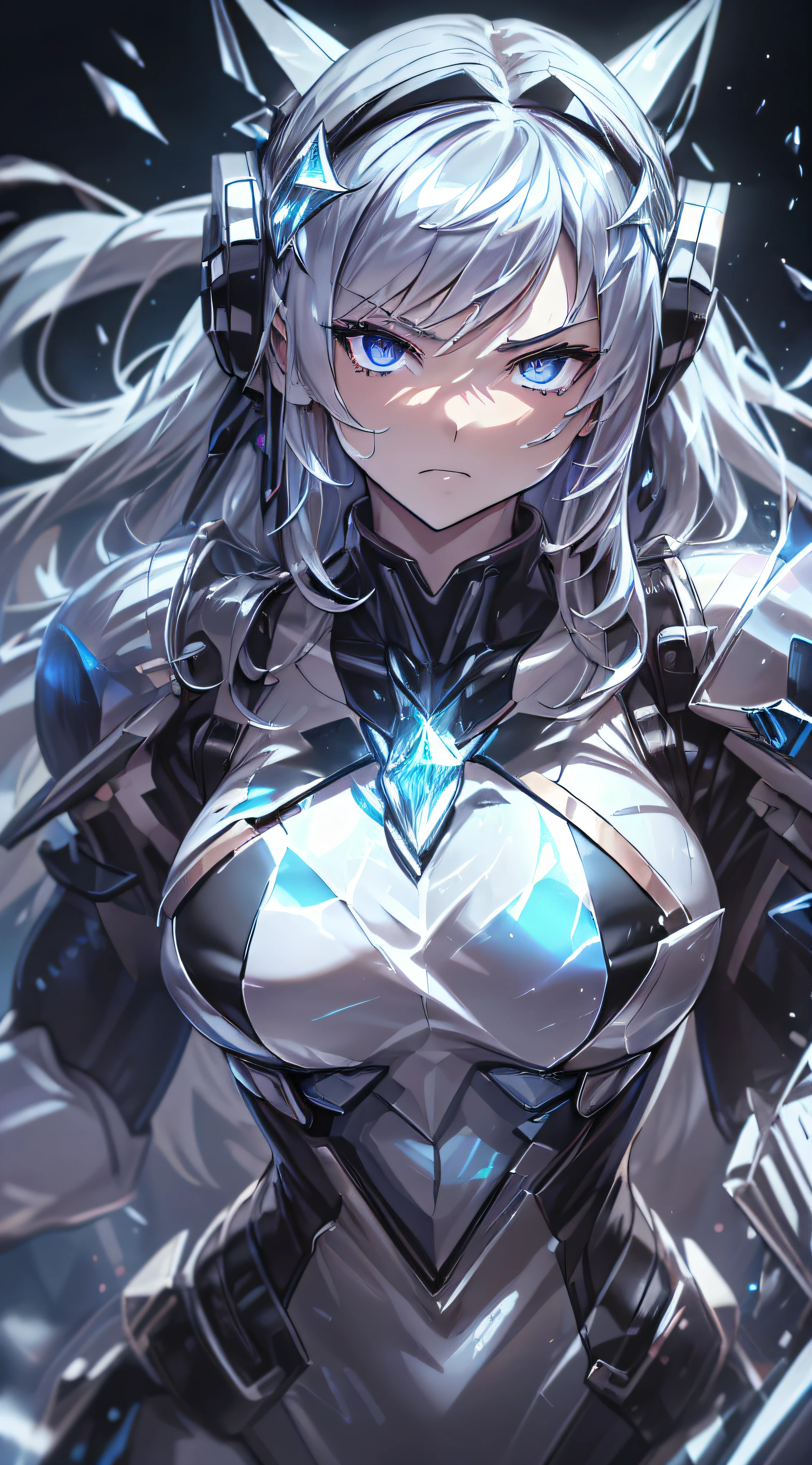 de primera calidad、Calidad de imagen superior、masterpiece、chica con((traje mecha blanco y negro、shiny mechanical suit、18 years、adolescente ager、cute little、mejor busto、Big Liber,Hermosos ojos morados brillantes、Pechos bien abiertos, Cabello plateado desordenado、pelo largo、un delgado,Grandes valles、movimientos beligerantes,Garras afiladas、tiene un cuchillo largo en su mano derecha.、tiene un cuchillo corto en la mano izquierda.、Auricular、Posturas de lucha、cara seria、salpicaduras、Feeling of running)),alta calidad、hermoso arte、Fondo con((mundo de pleno invierno、Oyuki、Nieve que sopla、Torre de Cristal)))、,mesa、profundidad de campos,cinematic style