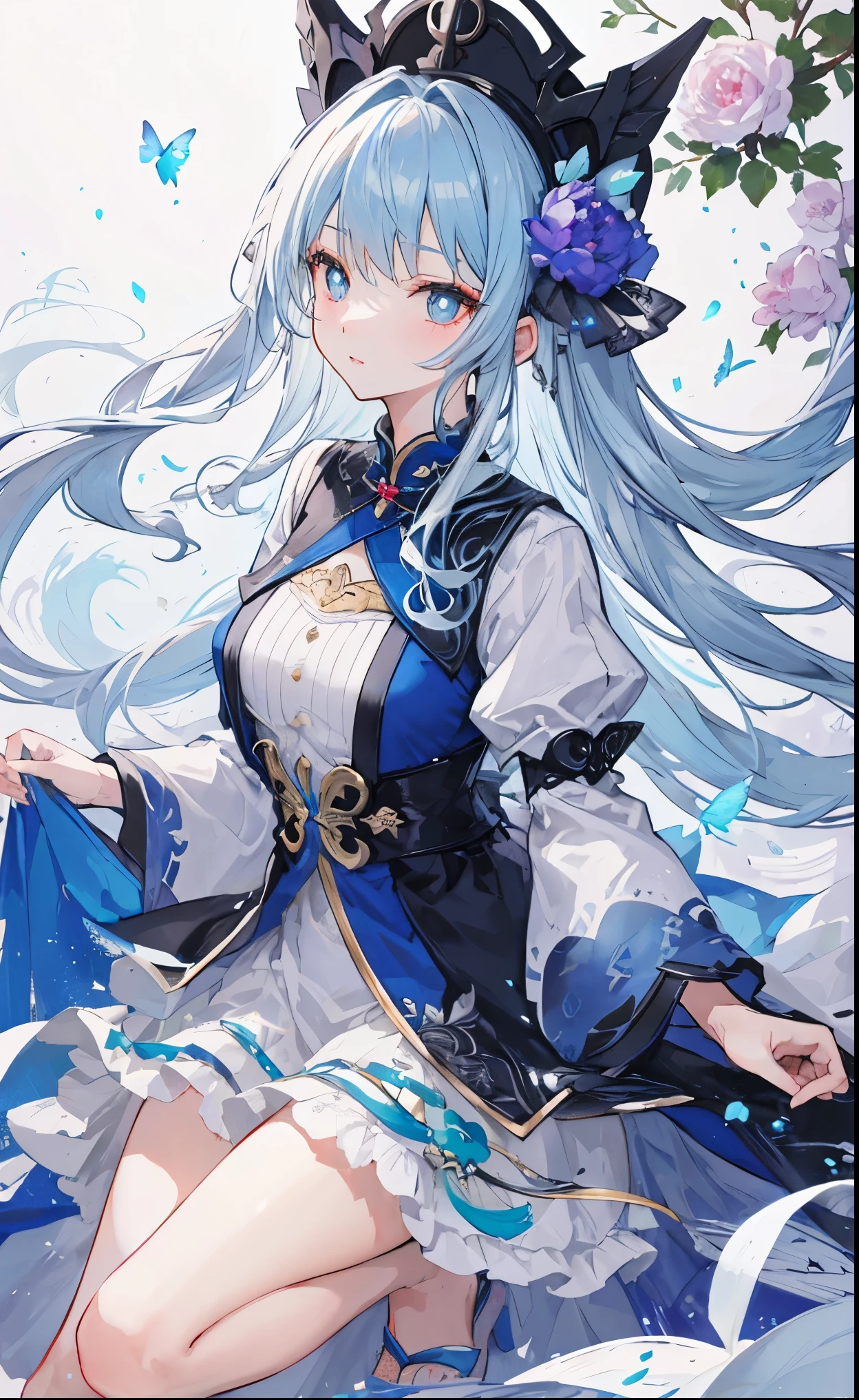 Blue gray peony flowers for decoration，light blue gray long hair，Dark blue and dark gray and white clothes，Delicate blue-grey pupils，Fairy Sister of Hehuan Sect，A crazy beauty who knows how to whip slaves！