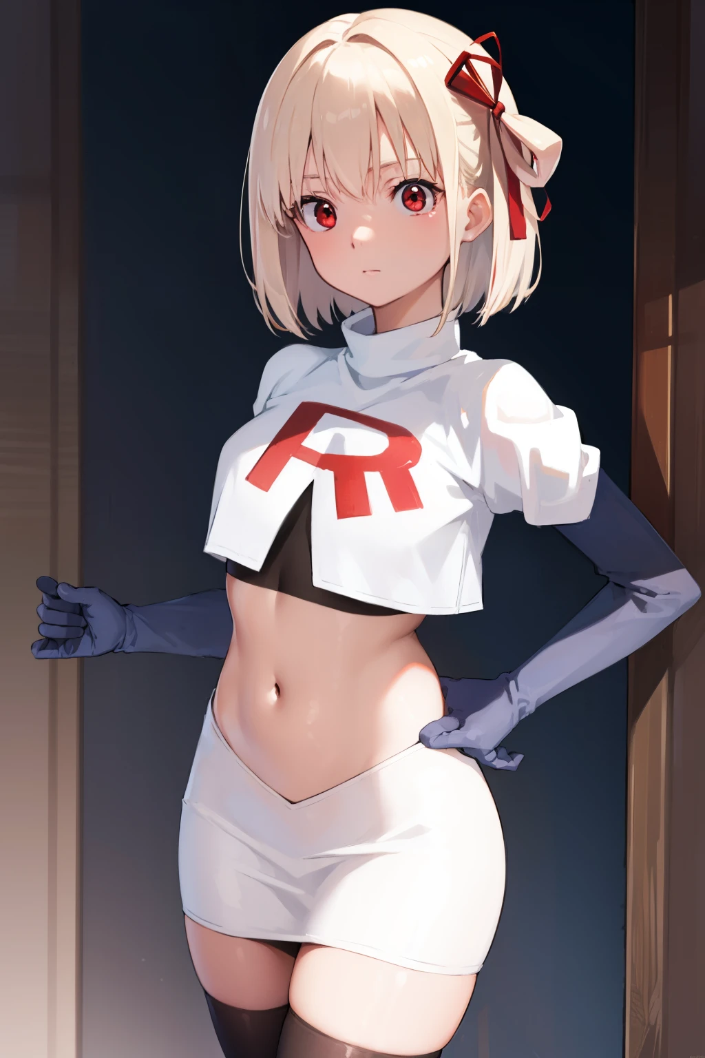 chisatonishikigi, nishikigi chisato, short hair, bangs, blonde hair, (red eyes:1.5), hair ribbon, one side up, bob cut,
BREAK team rocket,team rocket uniform, red letter R, white skirt,white crop top,black thigh-highs ,black elbow gloves
BREAK looking at viewer, (cowboy shot:1.5),
BREAK (masterpiece:1.2), best quality, high resolution, unity 8k wallpaper, (illustration:0.8), (beautiful detailed eyes:1.6), extremely detailed face, perfect lighting, extremely detailed CG, (perfect hands, perfect anatomy),