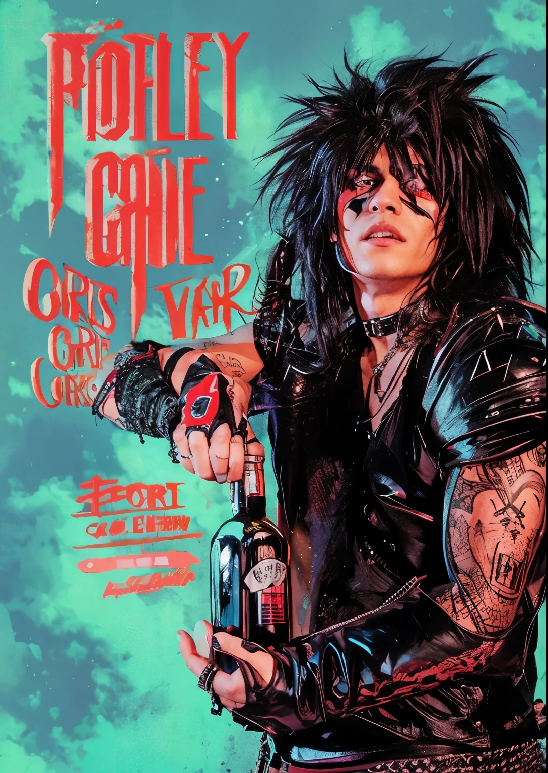 Imagem em estilo de desenho animado, ultra detalhada, of a man who looks a lot like Nikk Sixx in the 80s holding a bottle of Jack Daniels and looking straight ahead with a hallucinated expression, he will have glam metal style clothes and hair