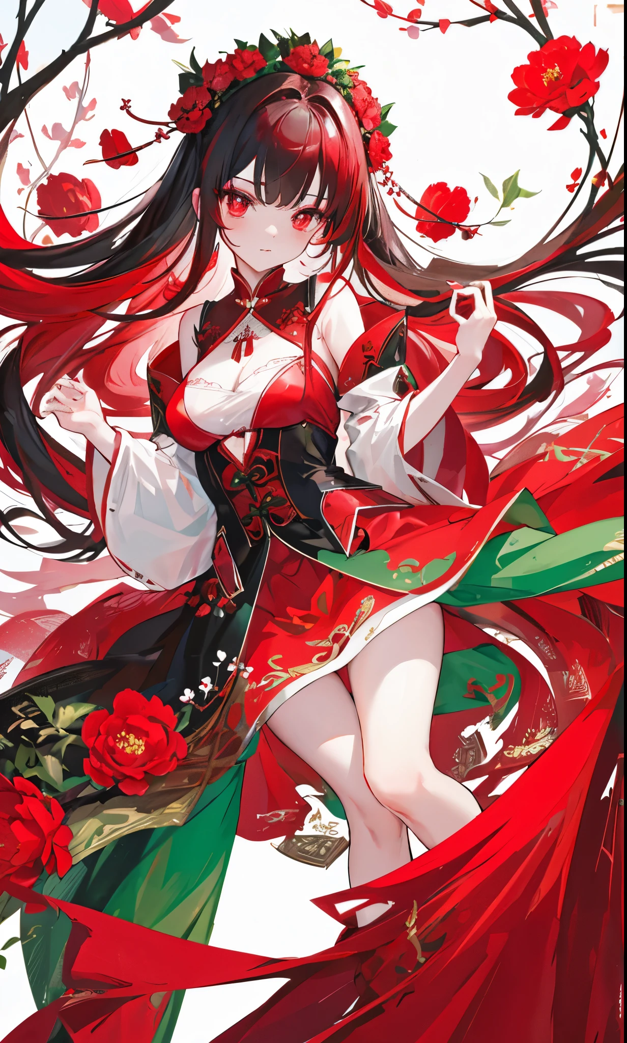 Red green peony flowers for decoration，Light red green long hair，Dark red and dark green and white clothes，Red and green delicate pupils，Fairy Sister of Hehuan Sect，A crazy beauty who knows how to whip slaves！