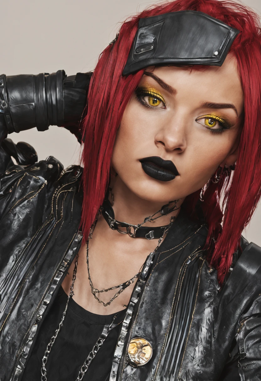 girl in black clothes with barbed wire around her body, cyber goth, short hair with short straight bangs, chains around her body and tattoos on her neck, detailed yellow eyes, pretty face, red hair, full body