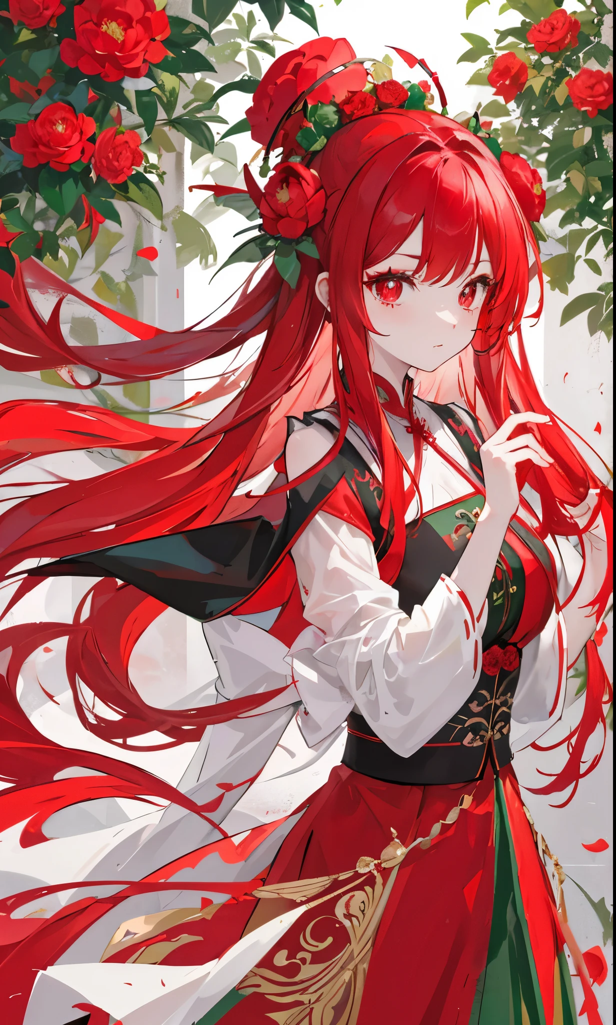 Red green peony flowers for decoration,Light red green long hair,Dark red and dark green and white clothes,Red and green delicate pupils,Fairy Sister of Hehuan Sect,A crazy beauty who knows how to whip slaves!