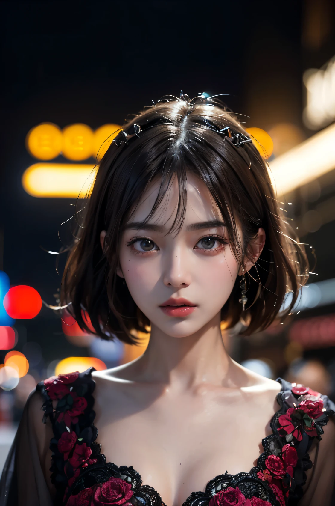 ((highest quality)), ((masterpiece)), (cinematic aesthetic:1.4) Beautiful Korean fashion model bokeh city night photo