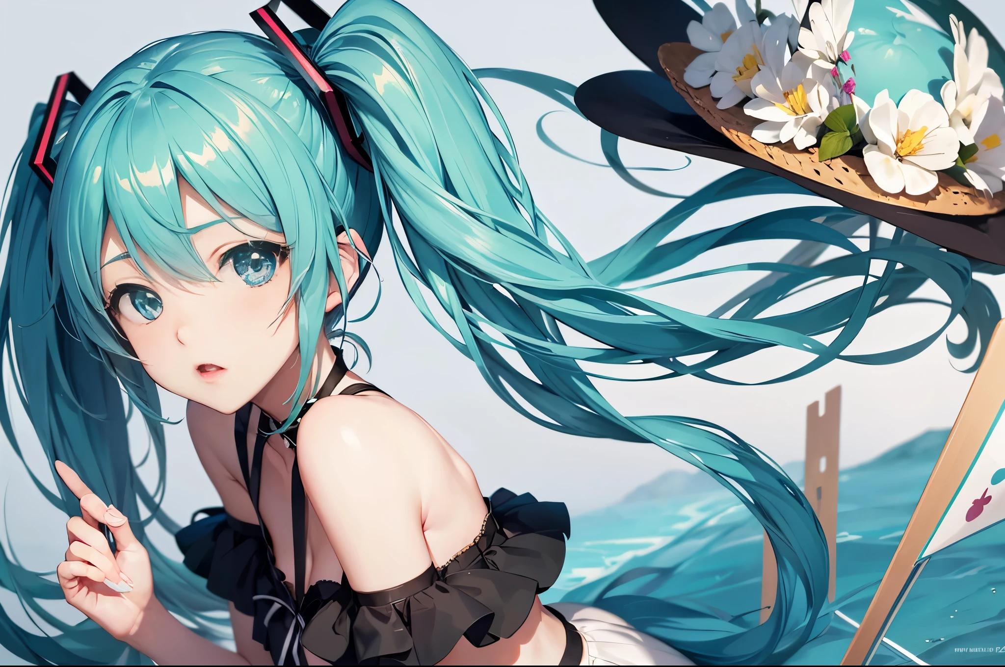 miku hatsune、Your butt is facing us、Bunny Girl Cosplay、Looking back、Black lace panties、Ecchi anime style, Top Rated on pixiv, beautiful alluring anime woman,