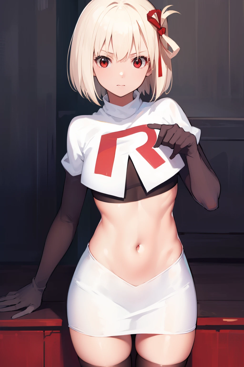 chisatonishikigi, nishikigi chisato, short hair, bangs, blonde hair, (red eyes:1.5), hair ribbon, one side up, bob cut,
BREAK team rocket,team rocket uniform, red letter R, white skirt,white crop top,black thigh-highs ,black elbow gloves
BREAK looking at viewer, (cowboy shot:1.5),
BREAK (masterpiece:1.2), best quality, high resolution, unity 8k wallpaper, (illustration:0.8), (beautiful detailed eyes:1.6), extremely detailed face, perfect lighting, extremely detailed CG, (perfect hands, perfect anatomy),