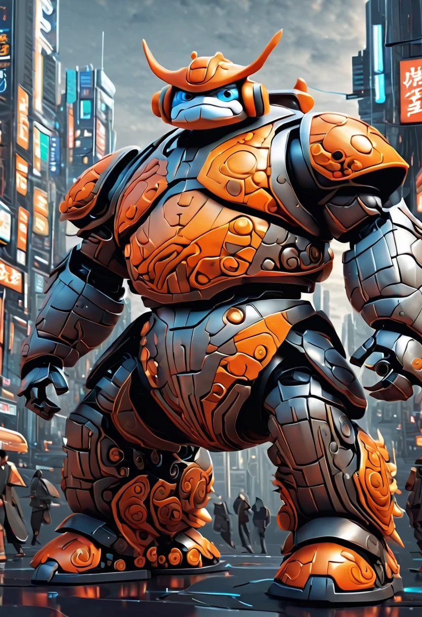 (masterpiece, best quality:1.2). (Sumo mecha warrior).Please provide a detailed description of a futuristic magical creature that incorporates elements of mechanics, robots, and cyborgs. Include its appearance, abilities, behavior, and any unique characteristics that make it stand out. The description should evoke a sense of wonder and fascination with the creature's futuristic city landscape.Never seen before. Zentangle. Action, over city, cars, motorcycles, buses, 3d crunh, huge mecha warrior in a pixar style animation, orange, gray, brown. In Japan, rising Sun, danger, war, ultradetail background,