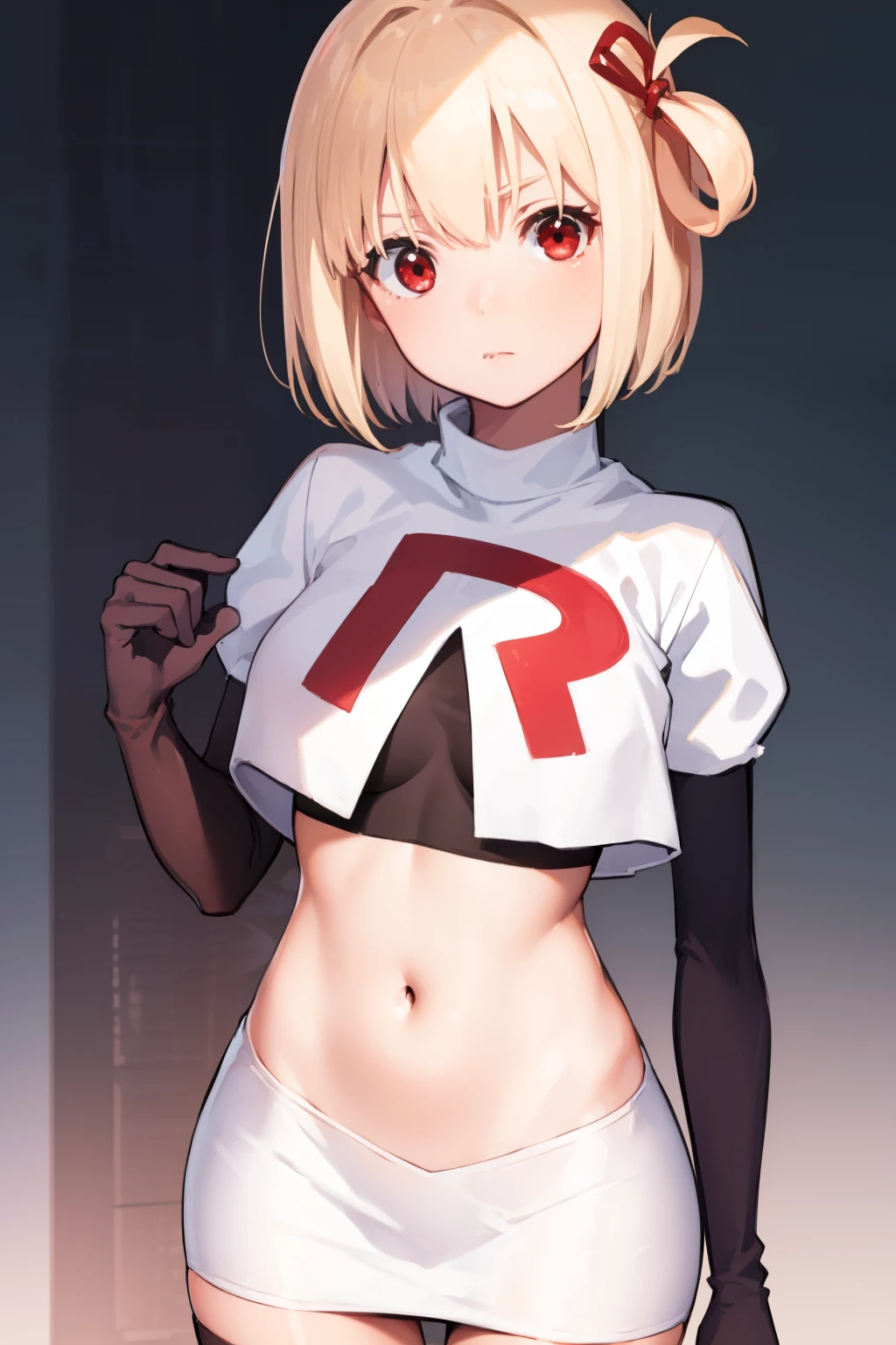 chisatonishikigi, nishikigi chisato, short hair, bangs, blonde hair, (red eyes:1.5), hair ribbon, one side up, bob cut,
BREAK team rocket,team rocket uniform, red letter R, white skirt,white crop top,black thigh-highs ,black elbow gloves
BREAK looking at viewer, (cowboy shot:1.5),
BREAK (masterpiece:1.2), best quality, high resolution, unity 8k wallpaper, (illustration:0.8), (beautiful detailed eyes:1.6), extremely detailed face, perfect lighting, extremely detailed CG, (perfect hands, perfect anatomy),