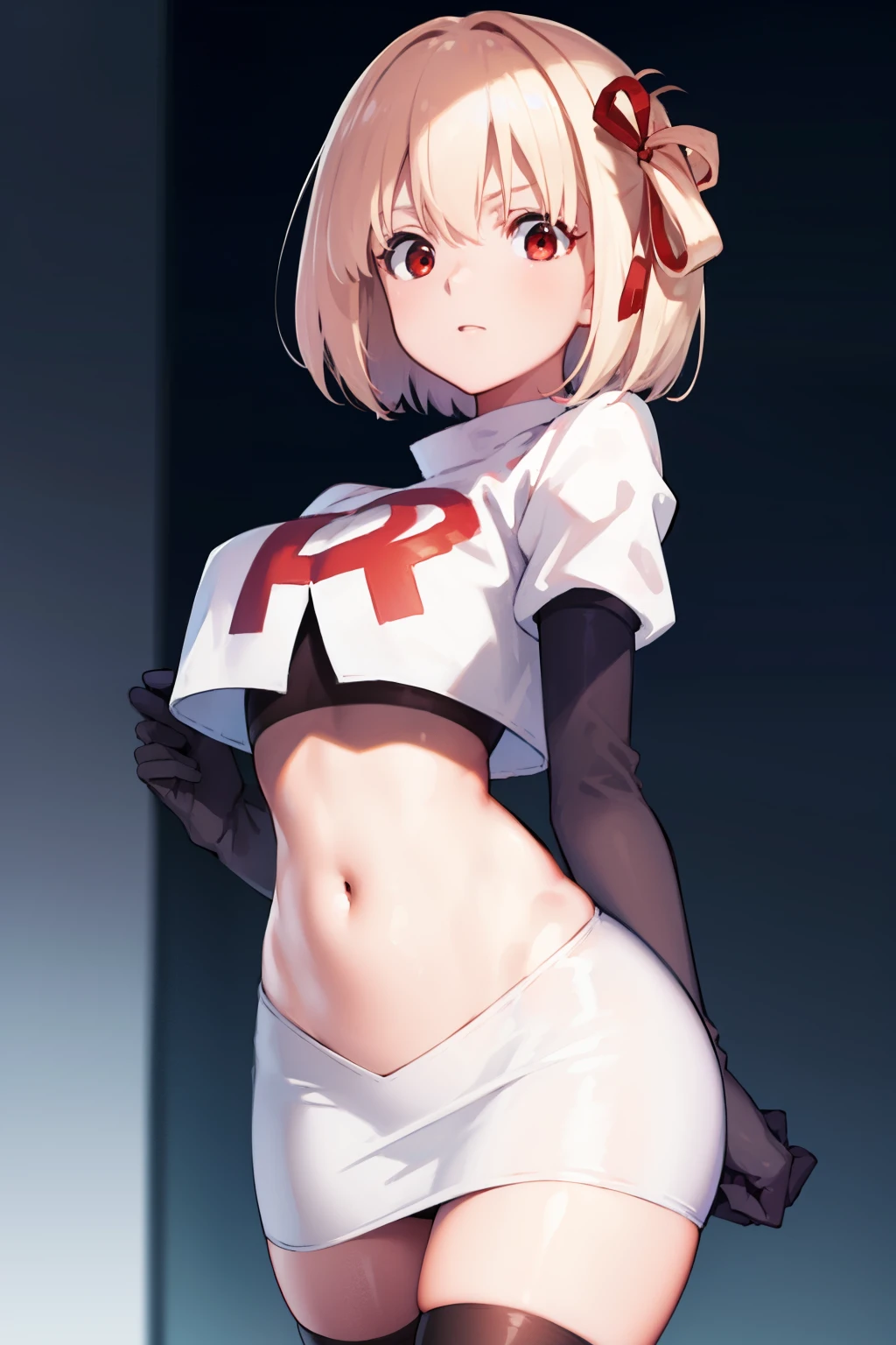 chisatonishikigi, nishikigi chisato, short hair, bangs, blonde hair, (red eyes:1.5), hair ribbon, one side up, bob cut,
BREAK team rocket,team rocket uniform, red letter R, white skirt,white crop top,black thigh-highs ,black elbow gloves
BREAK looking at viewer, (cowboy shot:1.5),
BREAK (masterpiece:1.2), best quality, high resolution, unity 8k wallpaper, (illustration:0.8), (beautiful detailed eyes:1.6), extremely detailed face, perfect lighting, extremely detailed CG, (perfect hands, perfect anatomy),