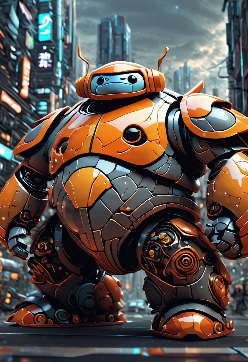 (masterpiece, best quality:1.2). (Sumo mecha warrior).Please provide a detailed description of a futuristic magical creature that incorporates elements of mechanics, robots, and cyborgs. Include its appearance, abilities, behavior, and any unique characteristics that make it stand out. The description should evoke a sense of wonder and fascination with the creature's futuristic city landscape.Never seen before. Zentangle. Action, over city, cars, motorcycles, buses, 3d crunh, huge mecha warrior in a pixar style animation, orange, gray, brown. In Japan, rising Sun, danger, war, ultradetail background,