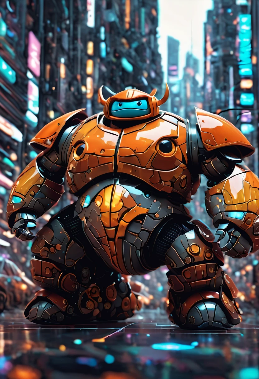 (masterpiece, best quality:1.2). (Sumo mecha warrior).Please provide a detailed description of a futuristic magical creature that incorporates elements of mechanics, robots, and cyborgs. Include its appearance, abilities, behavior, and any unique characteristics that make it stand out. The description should evoke a sense of wonder and fascination with the creature's futuristic city landscape.Never seen before. Zentangle. Action, over city, cars, motorcycles, buses, 3d crunh, huge mecha warrior in a pixar style animation, orange, gray, brown. In Japan, rising Sun, danger, war, ultradetail background,