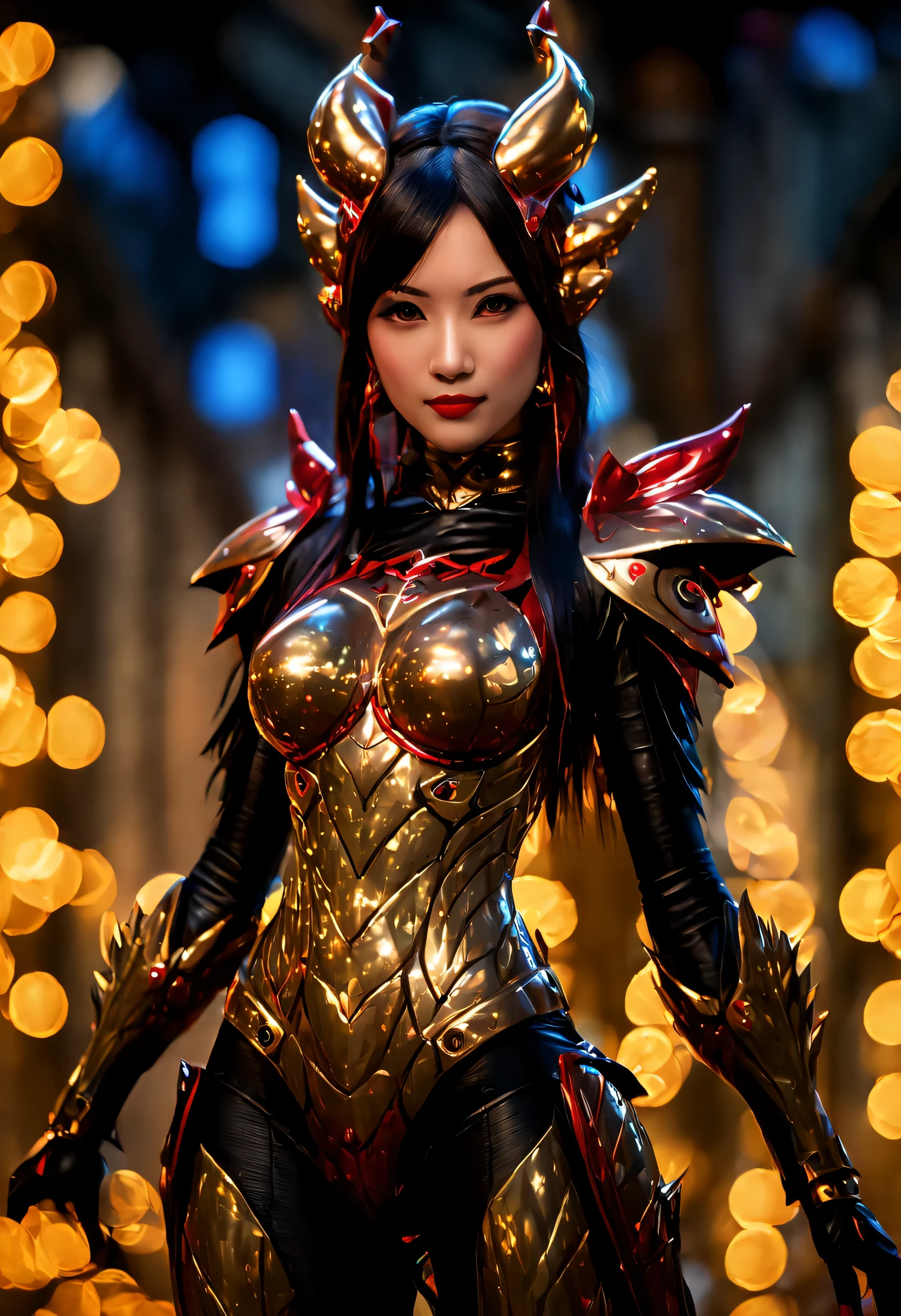 Create an image of the most stunningly gorgeous beautiful kijin, Stunningly gorgeous perfect face,  perfect makeup, detailed perfect silky smooth skin texture, detailed hour glass body figure, very long styled hair,  (matte black kijin armor spiked), ((underboob))), red horns, 