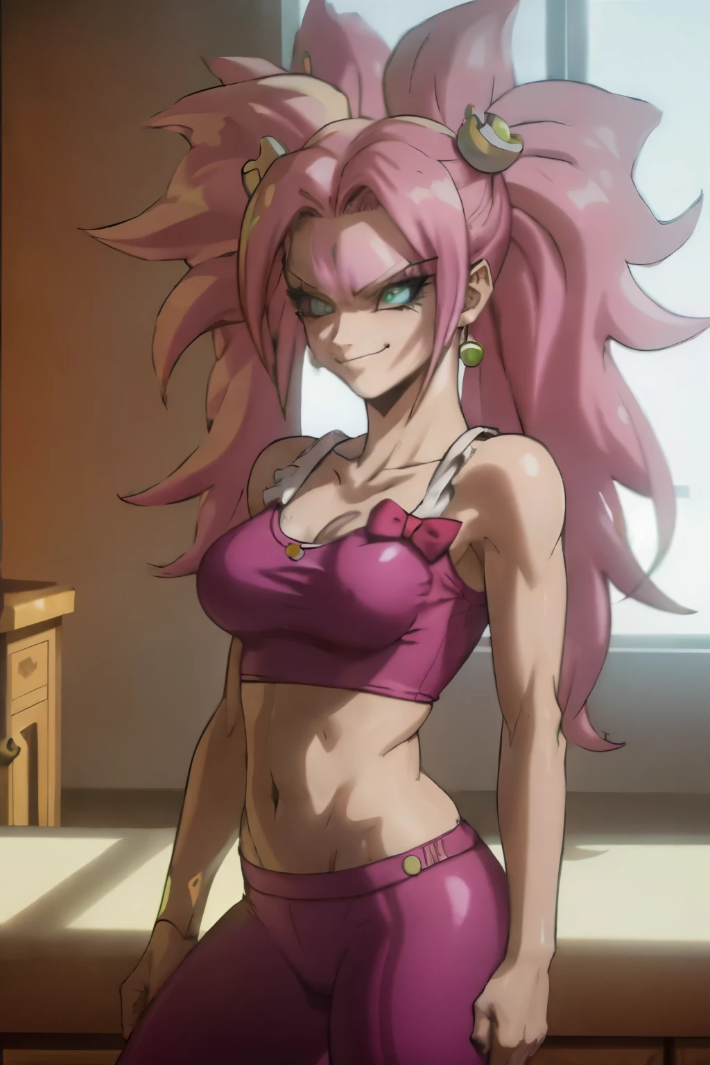 (best quality, masterpiece), blonde pink hair, green earrings, yoga pants, yoga bra, skin tight, toned, smug, smirk, kefla, thin waist, backlight,