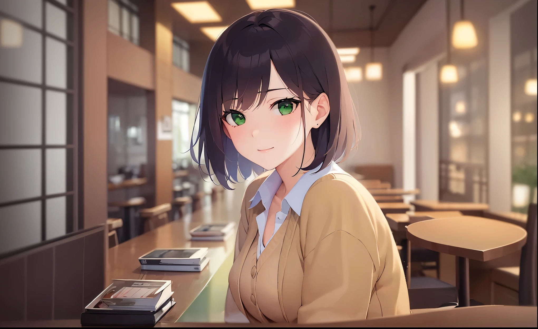 The background is a restaurant at night、illumination