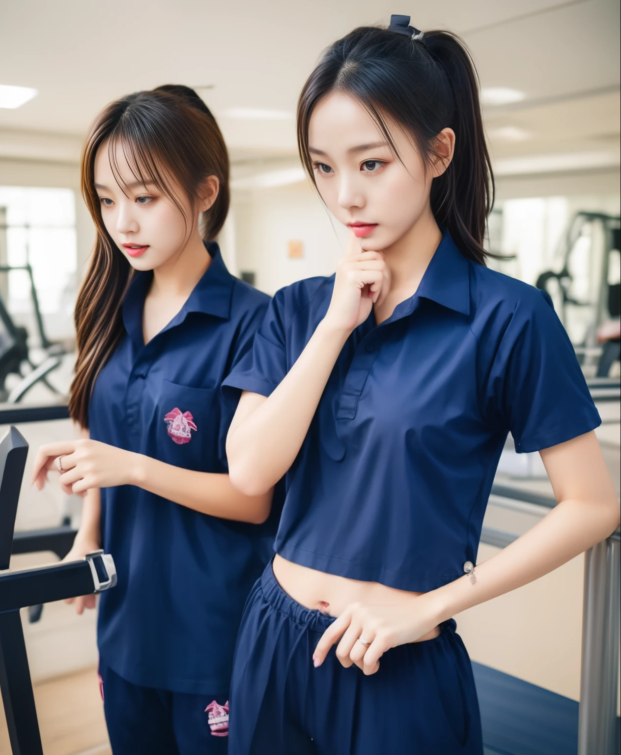 3 girls in fitness center, Navy blue short-sleeved shirt,Navy Long Trackpant,Sweatpants, Sweatpantsขายาว,25 year old girl, lesbian, sexy, exercise clothes, wet body, exercise clothes