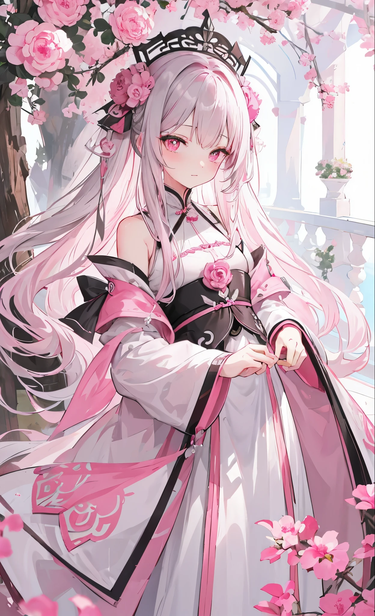 Pink gray peony flowers for decoration,light pink gray long hair,Dark pink, dark gray and white clothes,Pink gray delicate pupils,Fairy Sister of Hehuan Sect,A crazy beauty who knows how to whip slaves!