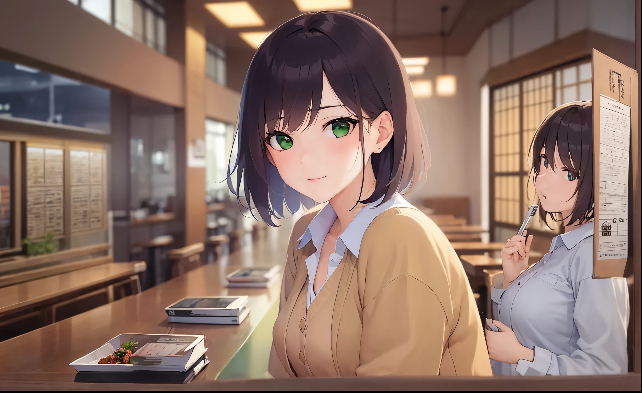 The background is a restaurant at night、illumination