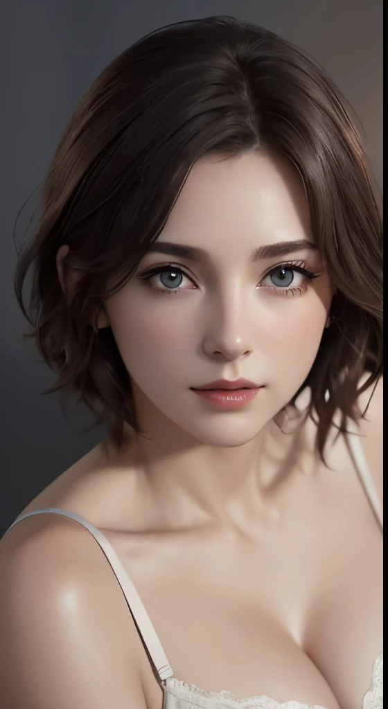 cinematic lighting、perfection、soft light、High resolution skin:1.2、realistic skin texture、、30 years old mature woman、no makeup、Detailed beautiful eyes、short hair、dark brown hair、Bust B Cup、small breasts、、cool pose、Gray background