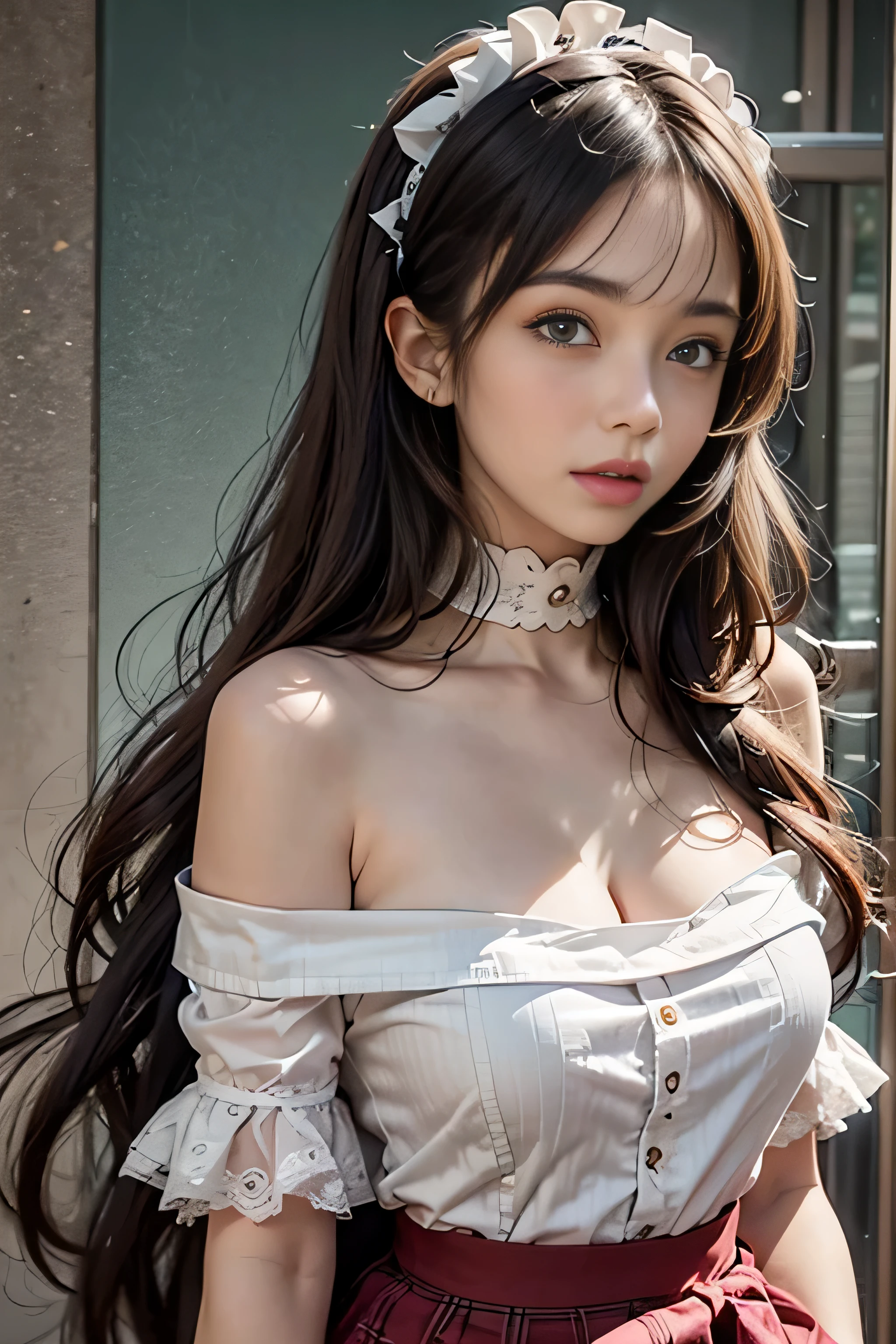 realistic, High resolution, 1 female, alone, hip up, show viewer, (detailed face), gray hair, long hair, Maid clothes, jewelry、）（off shoulder）、（((Raise the skirt to the chest))）、）（Panty shot）（（Black lace panties visible））