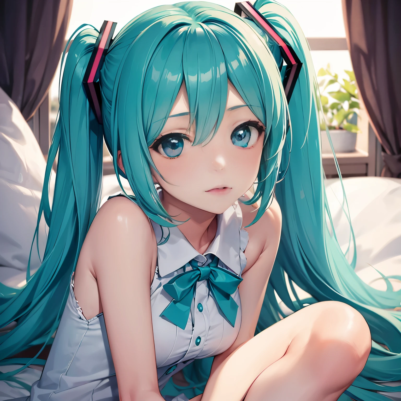 ((Highest quality)), ((masterpiece)), (detailed), hatsune miku，Young face，Looking up，Close your mouth，smile，Long blue hair in twin tails，room，Children&#39;s room，Sit on a chair，Primary school students，Short legs，Flexible body，Primary school students， body type，