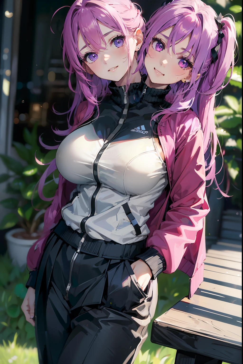 best quality, (masterpiece),(ultra-detailed), (high quality), (high resolution), ((2heads:1.5)), (magenta hair), (glowing blue eyes), best quality:1.5, highres, UHD, 4K), giggling, friendly, inviting, cube hair ornament, hair between eyes, hair ornament, one side up, long black skirt, (white jacket), long sleeves, pants, black pants, pleated skirt, skirt, track jacket, track pants, track suit,