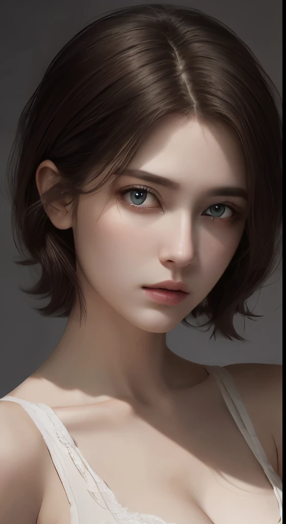 cinematic lighting、perfection、soft light、High resolution skin:1.2、realistic skin texture、、30 years old mature woman、no makeup、Detailed beautiful eyes、short hair、dark brown hair、Bust B Cup、small breasts、、cool pose、Gray background、