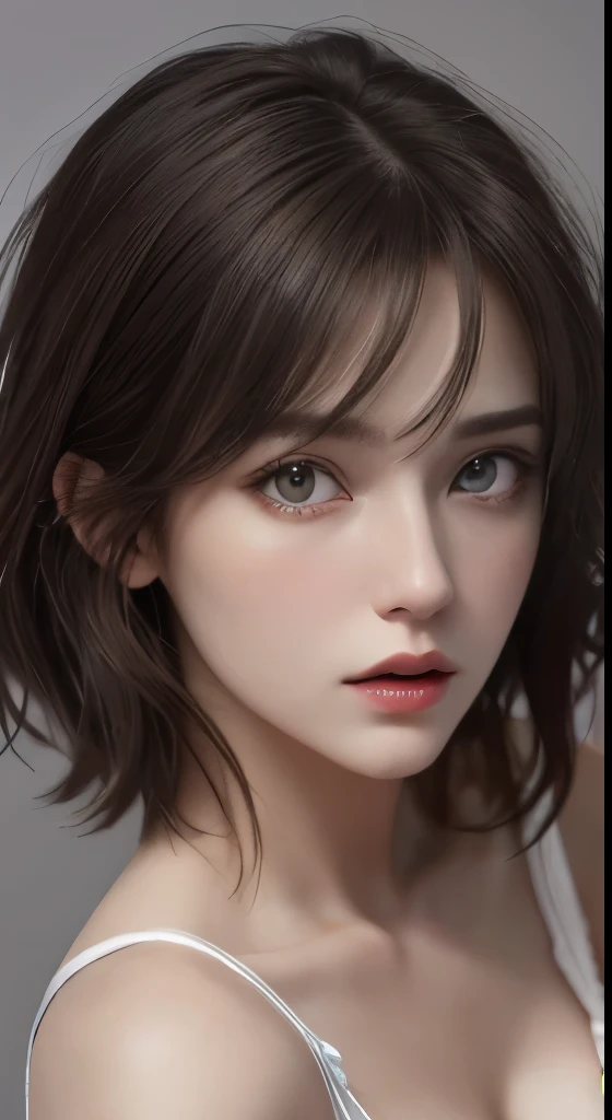 cinematic lighting、perfection、soft light、High resolution skin:1.2、realistic skin texture、、30 years old mature woman、no makeup、Detailed beautiful eyes、short hair、dark brown hair、Bust B Cup、small breasts、、cool pose、Gray background、