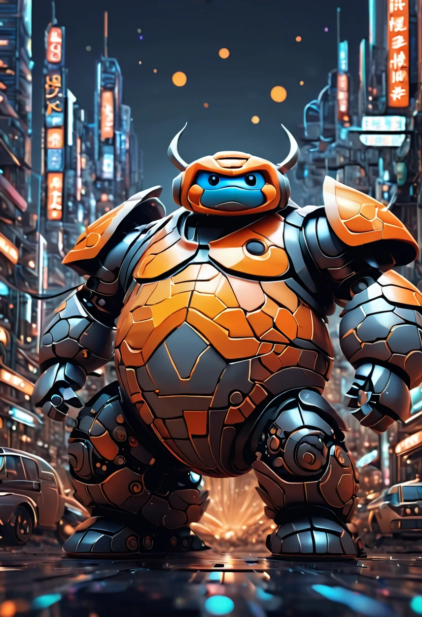 (masterpiece, best quality:1.2). (Sumo mecha warrior).Please provide a detailed description of a futuristic magical creature that incorporates elements of mechanics, robots, and cyborgs. Include its appearance, abilities, behavior, and any unique characteristics that make it stand out. The description should evoke a sense of wonder and fascination with the creature's futuristic city landscape.Never seen before. Zentangle. Action, over city, cars, motorcycles, buses, 3d crunh, huge mecha warrior in a pixar style animation, orange, gray, brown. In Japan, rising Sun, danger, war, ultradetail background,