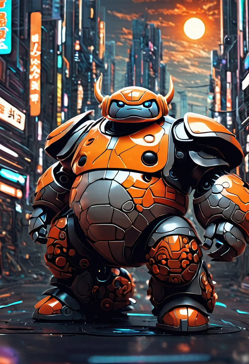 (masterpiece, best quality:1.2). (Sumo mecha warrior).Please provide a detailed description of a futuristic magical creature that incorporates elements of mechanics, robots, and cyborgs. Include its appearance, abilities, behavior, and any unique characteristics that make it stand out. The description should evoke a sense of wonder and fascination with the creature's futuristic city landscape.Never seen before. Zentangle. Action, over city, cars, motorcycles, buses, 3d crunh, huge mecha warrior in a pixar style animation, orange, gray, brown. In Japan, rising Sun, danger, war, ultradetail background,