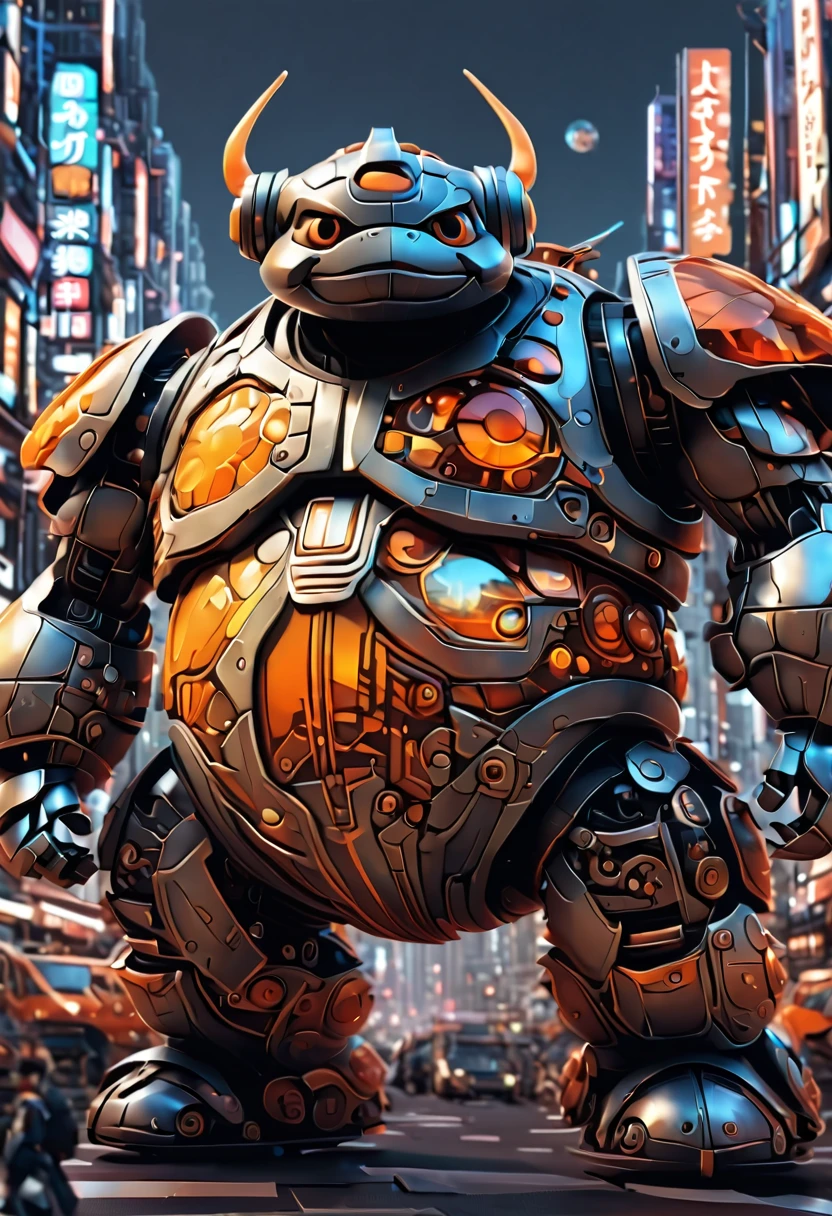 (masterpiece, best quality:1.2). (Sumo mecha warrior).Please provide a detailed description of a futuristic magical creature that incorporates elements of mechanics, robots, and cyborgs. Include its appearance, abilities, behavior, and any unique characteristics that make it stand out. The description should evoke a sense of wonder and fascination with the creature's futuristic city landscape.Never seen before. Zentangle. Action, over city, cars, motorcycles, buses, 3d crunh, huge mecha warrior in a pixar style animation, orange, gray, brown. In Japan, rising Sun, danger, war, ultradetail background,