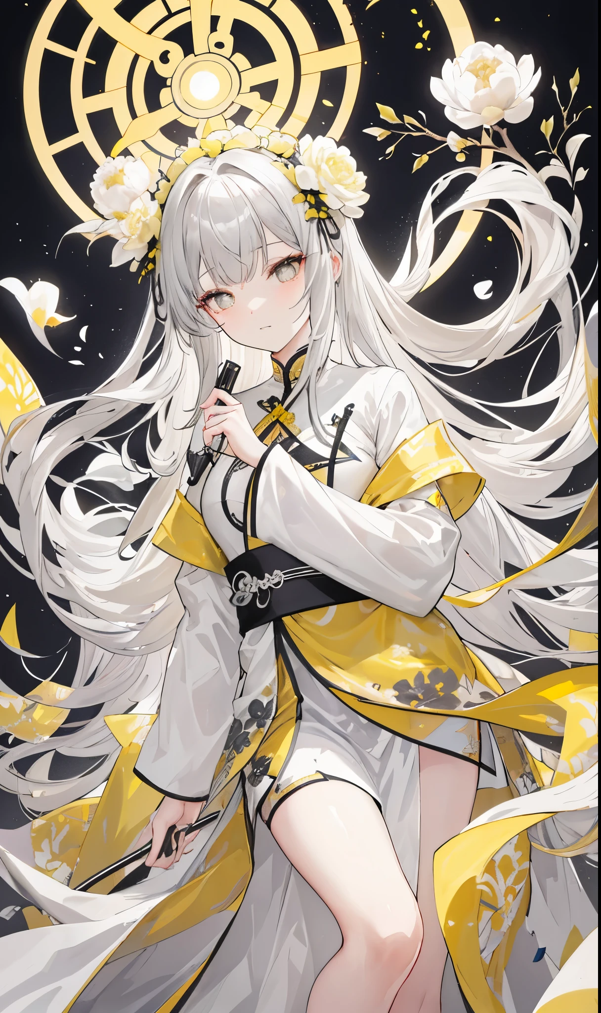 Yellow gray peony flowers for decoration,Light yellow gray long hair,Dark gray and white clothes,Gray delicate pupils,Fairy Sister of Hehuan Sect,A crazy beauty who knows how to whip slaves!