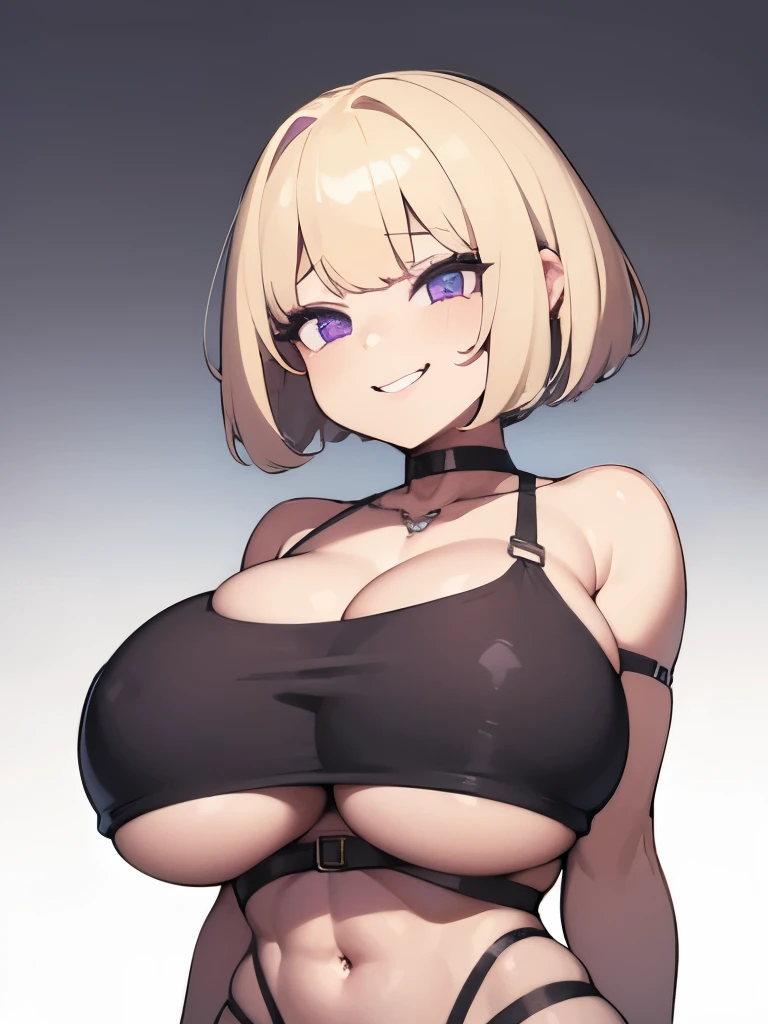 1 girl,blonde hair,bob,Patsun bangs,purple eyes,shaped pupils,big breasts,big breasts,underboob,cute,smile,Happy,heavy breathing,trembling,crop top,choker