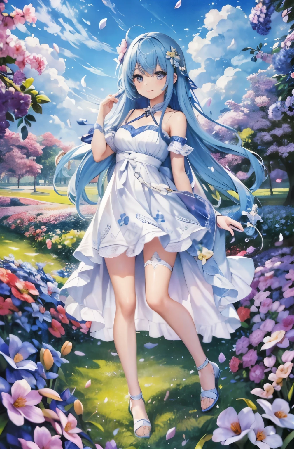 (High resolution、Super detailed、nffsw、movie)、alone、1 girl、happiness、Girl Standing In Cosmos Flower Garden、Girl around the petals、cute smile、Full body Esbian、Long-haired girl with blue hair、Light blueの髪、look at the camera、fantasy、official art、pop art、profile、highly detailed face、highly detailed eyes、Orchid Flower Garden、Ultra Detailed Fields、White blue sky、 Light blue、blanche、nebula in the sky、watercolor painting、pastel colour