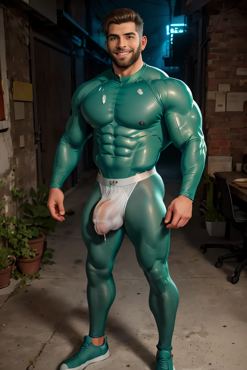 (best quality), red short hair, face smile, beard, full body, (huge bulge:1.2) in a dark green hero skintight suit, ((white underware)) , capitain bulge, CUM as a symbol, ((ramdom stuff in background)), short hair