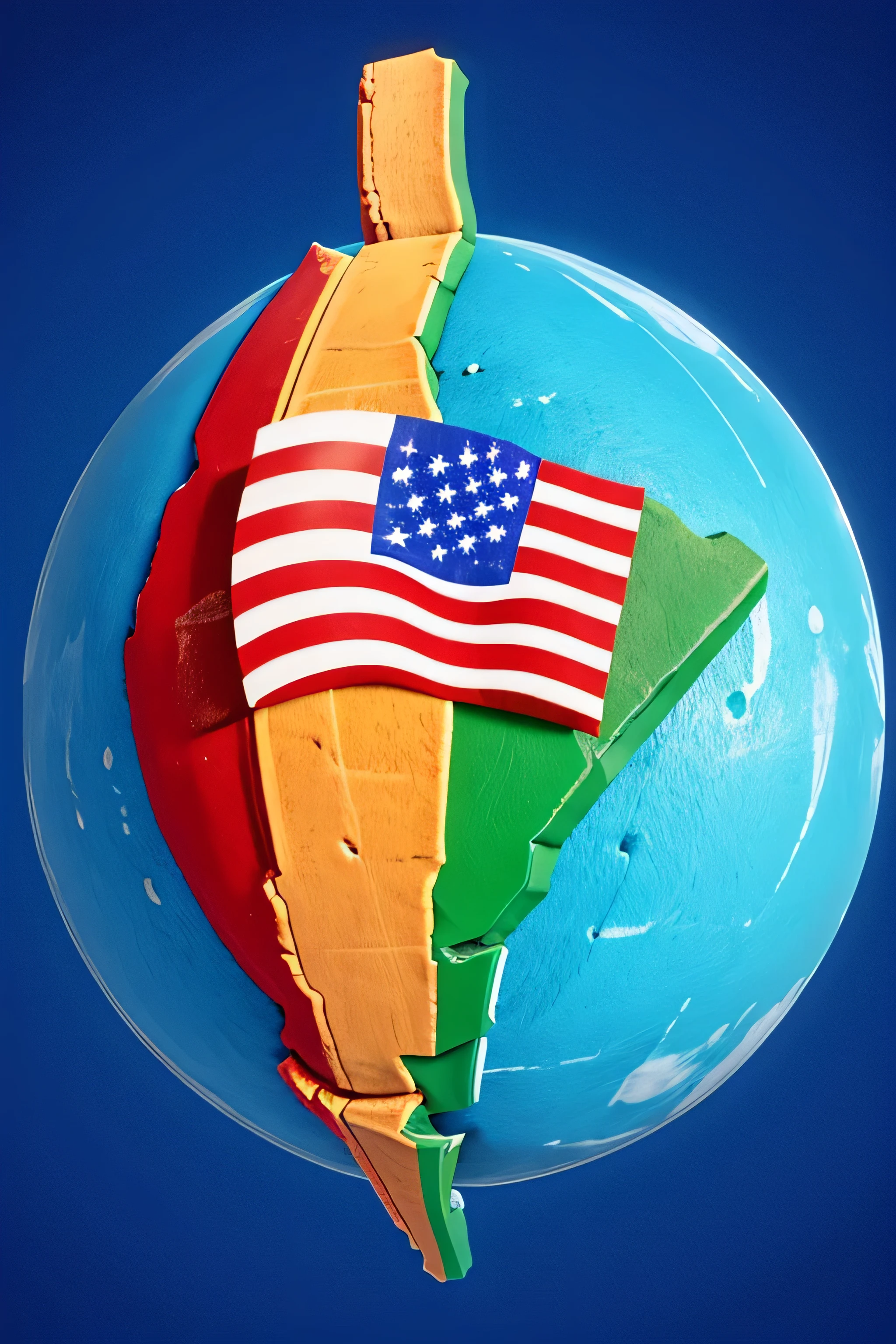 South American continent with the flag of the United States
