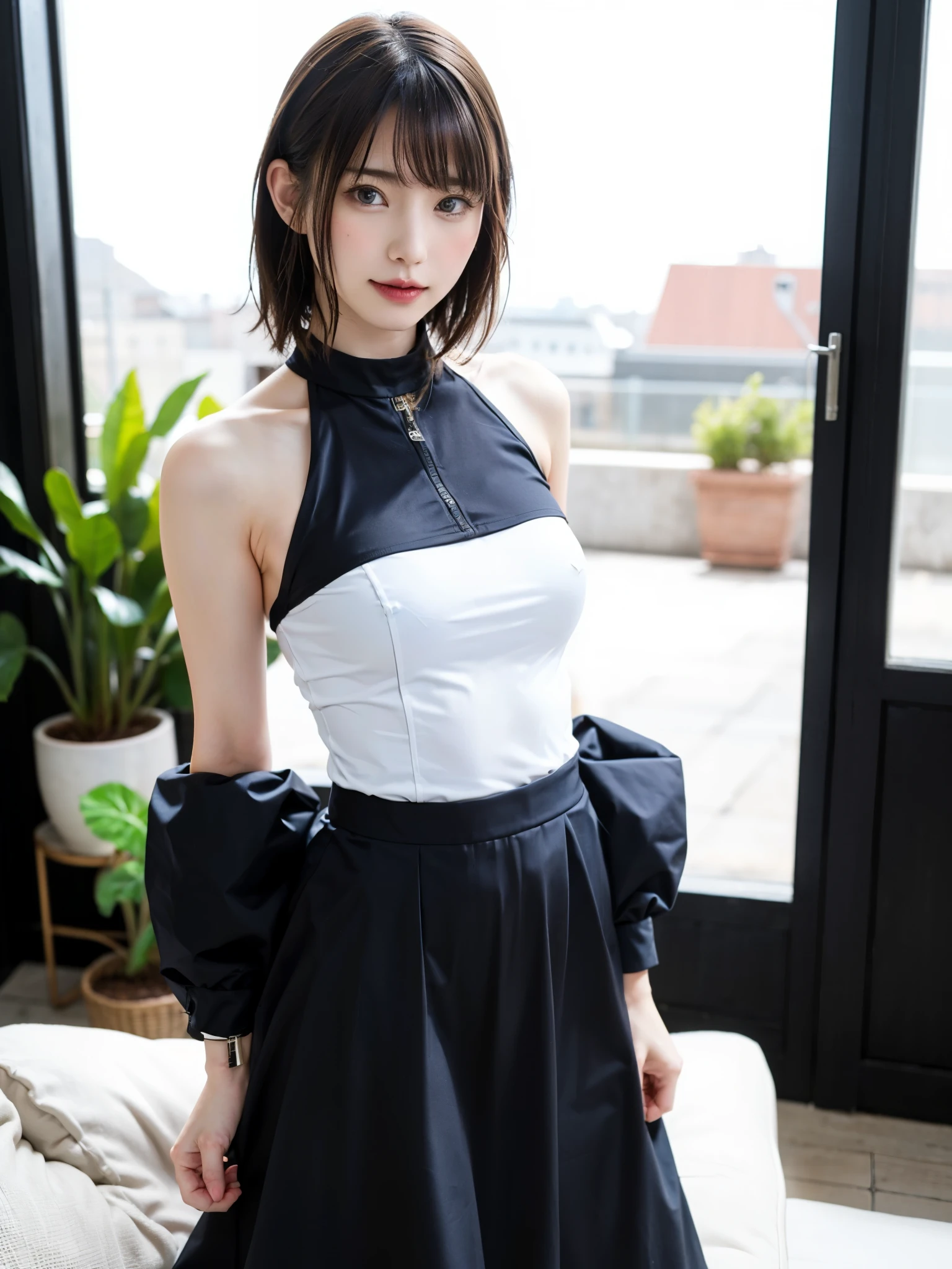 (dynamicposes:1.4), (dynamic ungle:1.4), Romper (细致背景:1.4)、hyper detailed background、(Floating light blue clouds:1.4)、(Floating blue flowers:1.4)、 Romper (perfect anatomia、perfect hand:1.4)、(Perfect five fingers:1.4)、(Perfect 4 long fingers and perfect short thumb:1.4)、(Thumb shorter than the other 4 fingers:1.4)、(Perfect two arms:1.4)、(Perfect two legs:1.4)、((top-quality、8K、masterpiece:1.3))、1girl in、A smile、full body Esbian、Slim Faces、Pretty women、(dark brown hair)、hyperdetailed face、A detailed eye、二重まぶた、blured background、Slim Faces、Cute、extremely delicate and beautiful girl、Happy smiling face、Overall、ultra-detailliert、4K、masutepiece、small mouth、Colossal tits、bura、Underpants、a short skirt,high waist skirt,high-necked,Sleeveless,bob cuts,long boots,ultra-detailliert, 4K, masutepiece,Smile,small mouth,white shirt、Skirts that show the body line、low angles